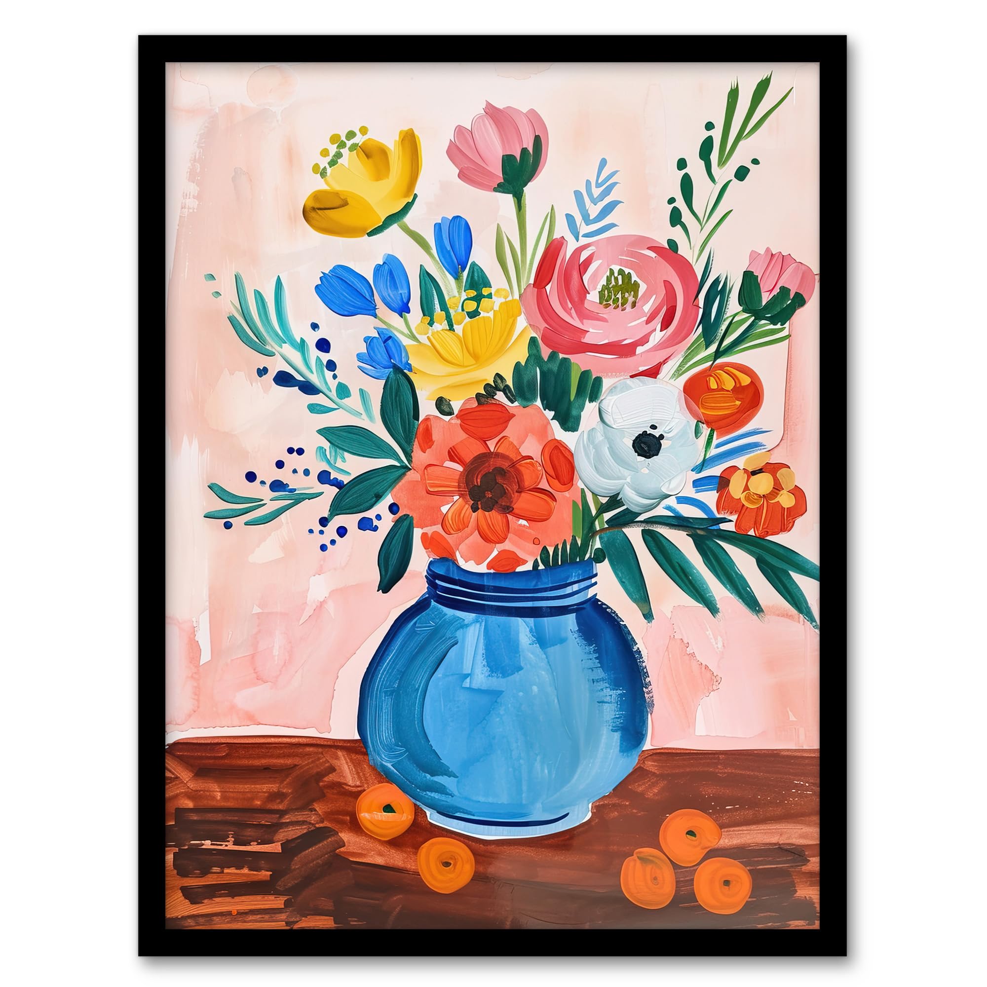 Artery8 - Framed Print - Flower Bouquet Vase and Fruit Still Life Painting - A4