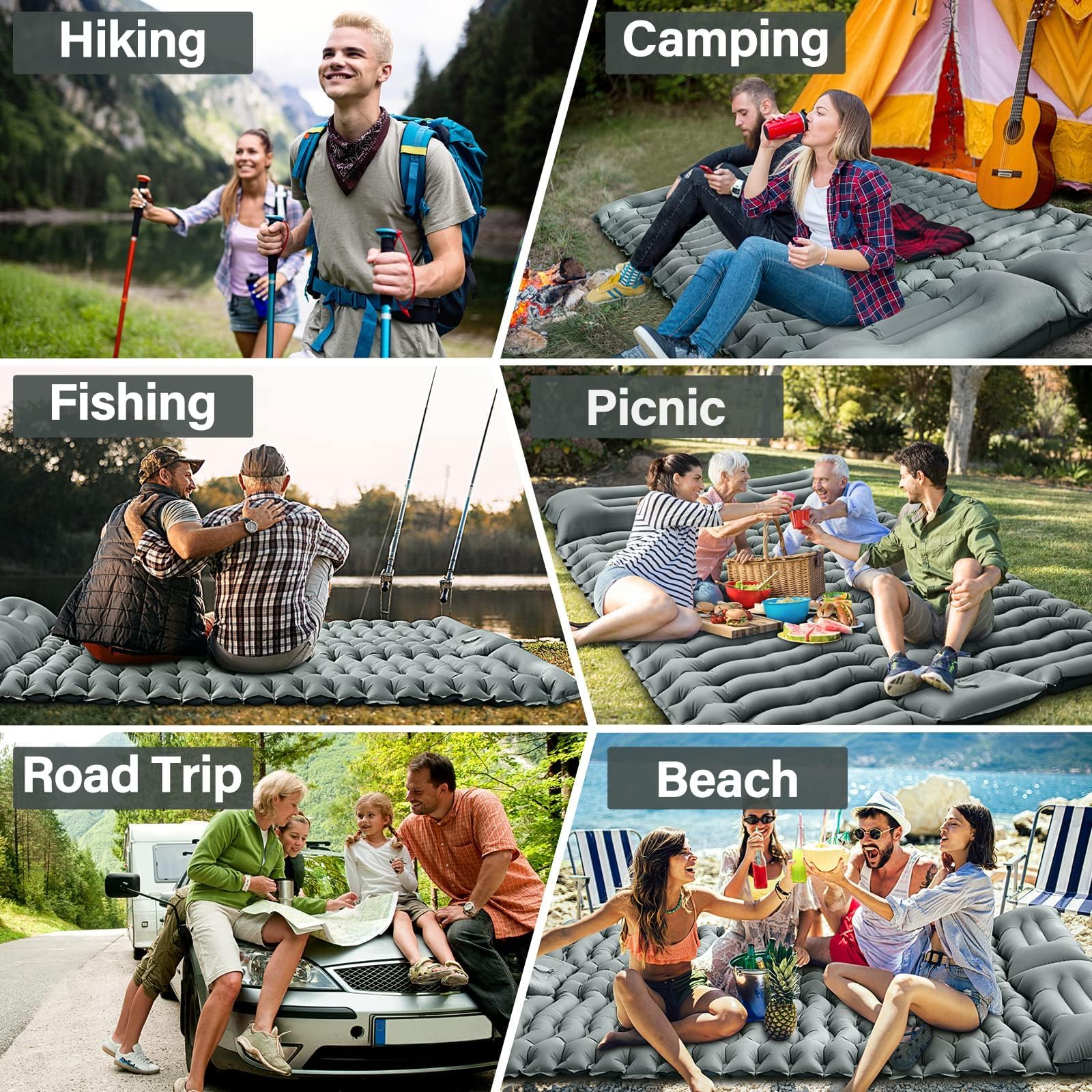 Yuzonc Almohadilla de dormir doble para camping, almohadilla inflable para camping, prensa de pies, ultraligera, para 2 personas, con almohada para camping, senderismo, viajes, tienda de campaña,