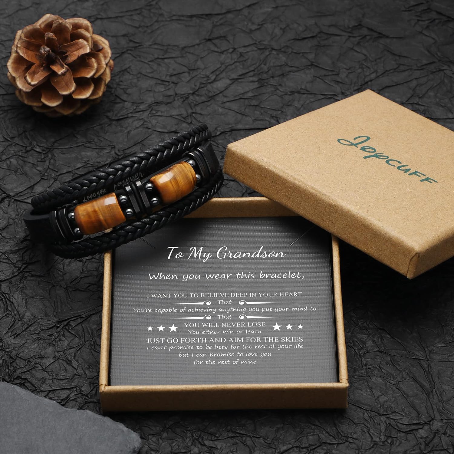 𝗚𝗶𝗳𝘁𝘀 𝗳𝗼𝗿 𝗠𝗲𝗻 𝗟𝗲𝗮𝘁𝗵𝗲𝗿 𝗕𝗿𝗮𝗰𝗲𝗹𝗲𝘁 With Tigers Eye, Anniversary Valentines Fathers Day Christmas Birthday Gifts for Son Husband Grandson Boyfriend Brother Dad Love You Forever Bracelets for Men - Image 7