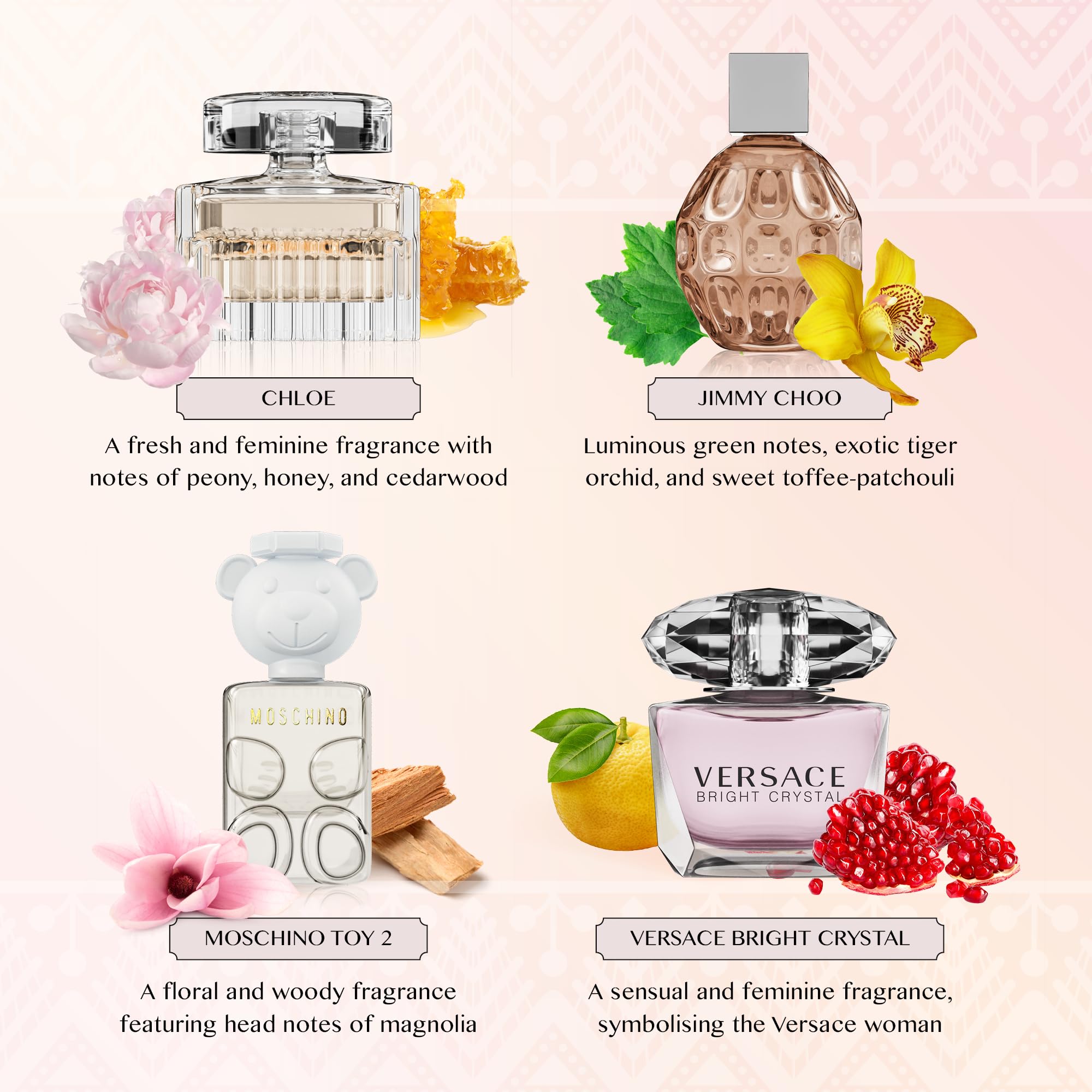 Women's Perfume Gift Sets Bundle Mini Bottle – Designer Womens Perfume Sampler Sets with Refillable Atomizer – Bundle Includes Versace, Moschino, Chloe, Jimmy Choo Travel Size 0.15 Oz Each