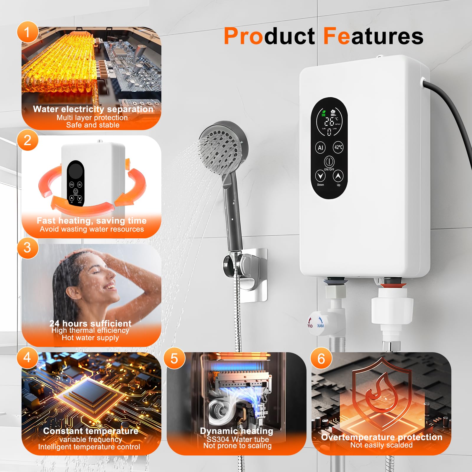 Calentador de agua eléctrico de paso, 5500 W, 220 V, indicador de temperatura, unidad integrada, control inteligente, mini calentador de agua, adecuado para duchas y baños