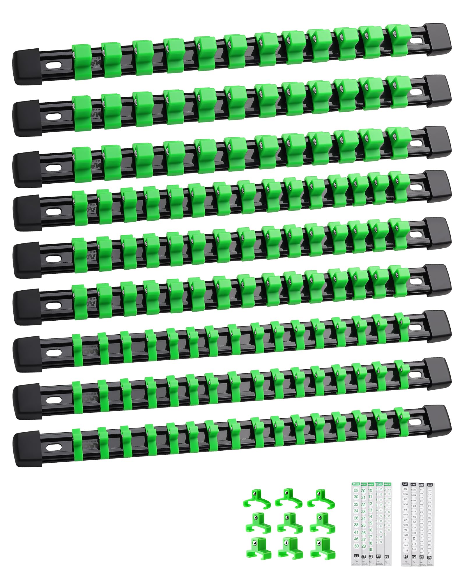 ALOANES 9PC ABS Socket Organizer, Socket Rails Fit 1/2 inch, 3/8 inch and 1/4 inch Drive, Heavy Duty Socket Holders Hold up to 129 Sockets, for Toolbox Drawer and Case(Green)