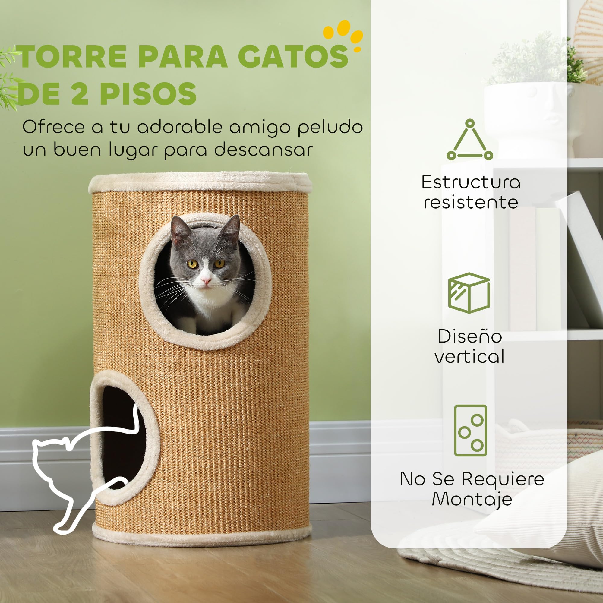 PawHut Barril Rascador para Gatos 60 cm de Altura, Tonel de Escalada con 2 Cuevas y Cubierta de Sisal, Torre Rascador para Gatos, Ø35x60 cm, Marrón y Beige