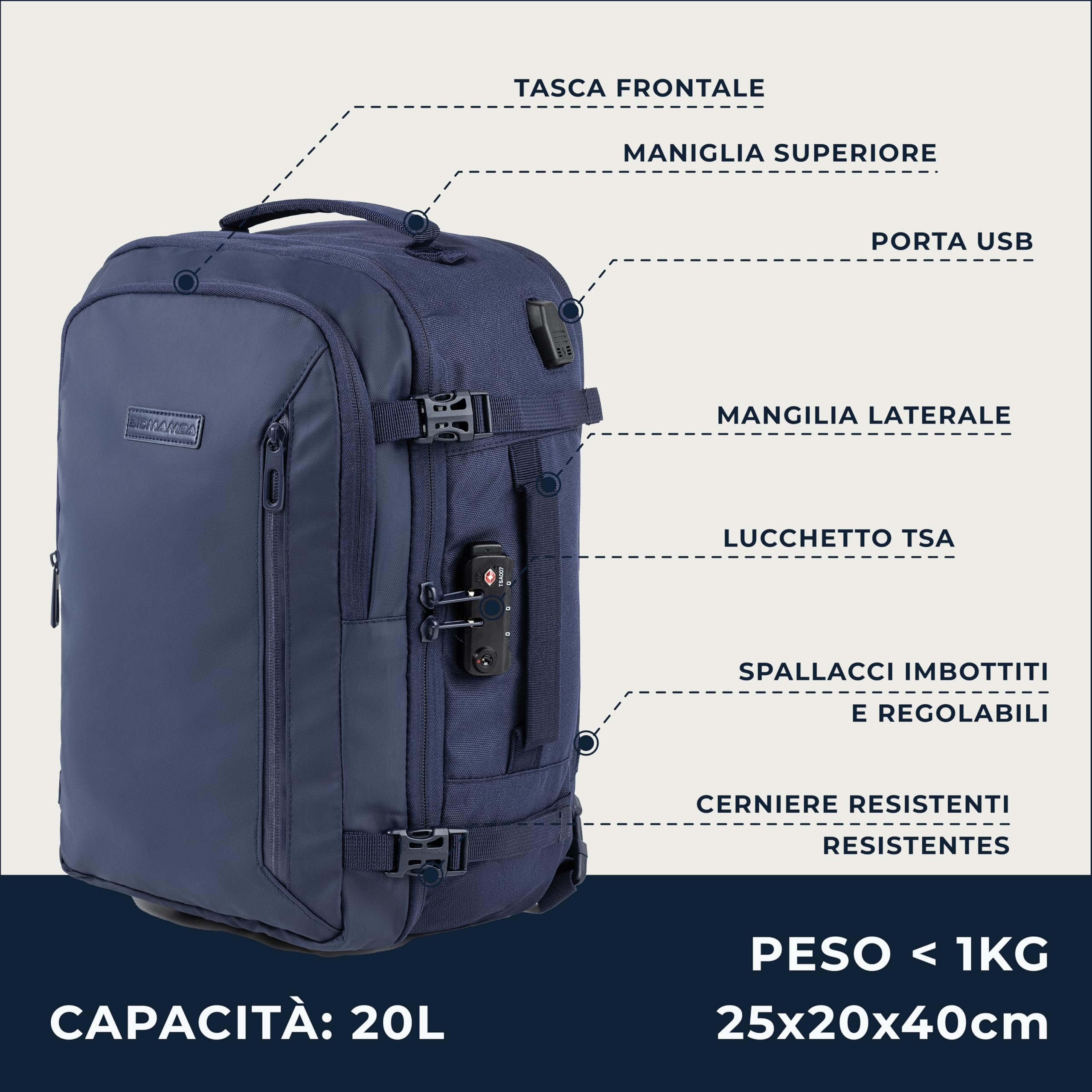 Zaino Bagaglio A Mano 40x20x25 Ryanair, Zaino Borsa 20L Voli Low Cost Easyjet - Blu Navy