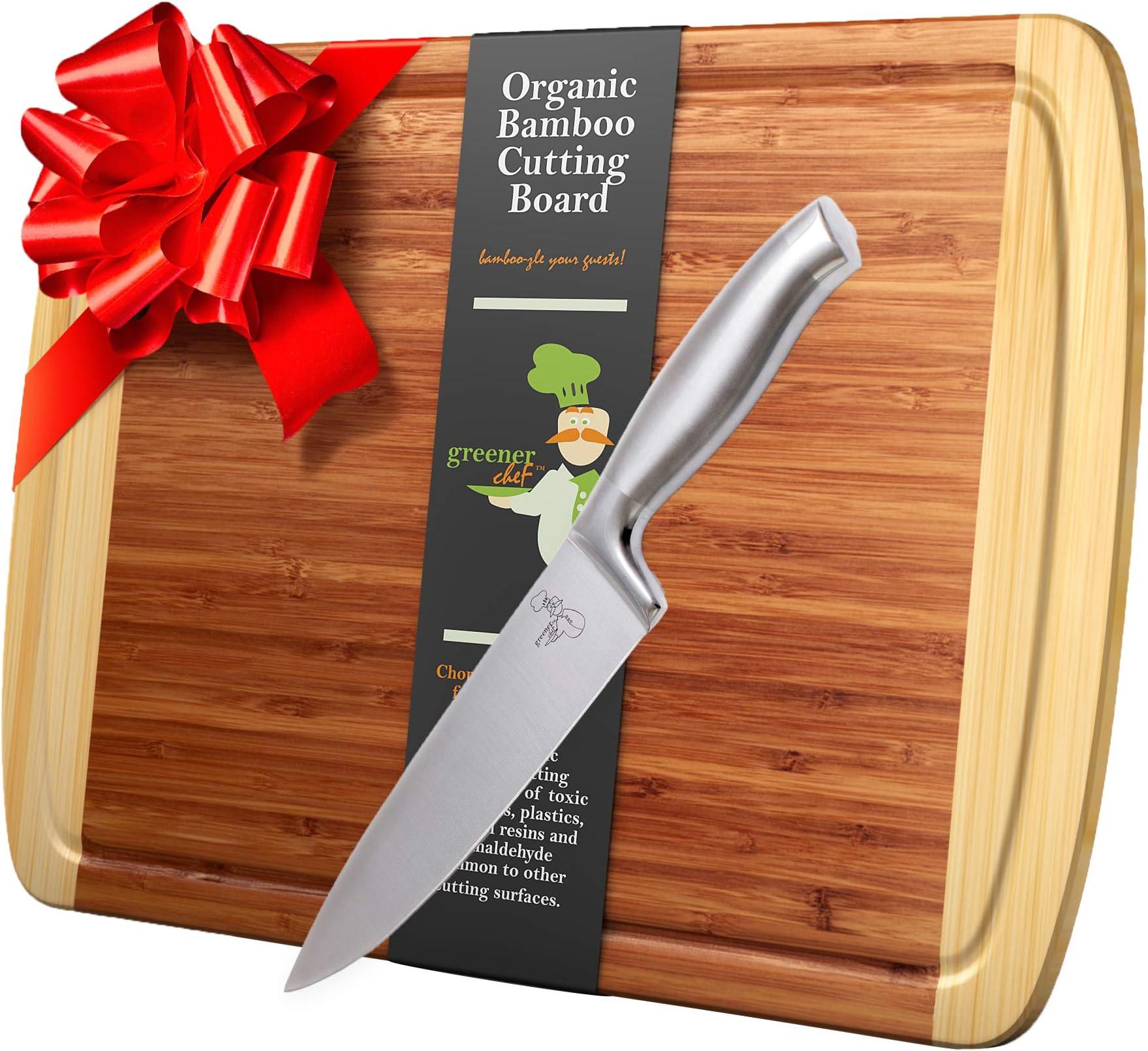 Greener Chef Knife & Bamboo Cutting Board Value Gift Set - Best Housewarming Gift & Christmas Holiday Gifts - 8 Inch Stainless Steel - Extra Large Organic Wood Chopping Boards for Kitchen - 17"x12.5"