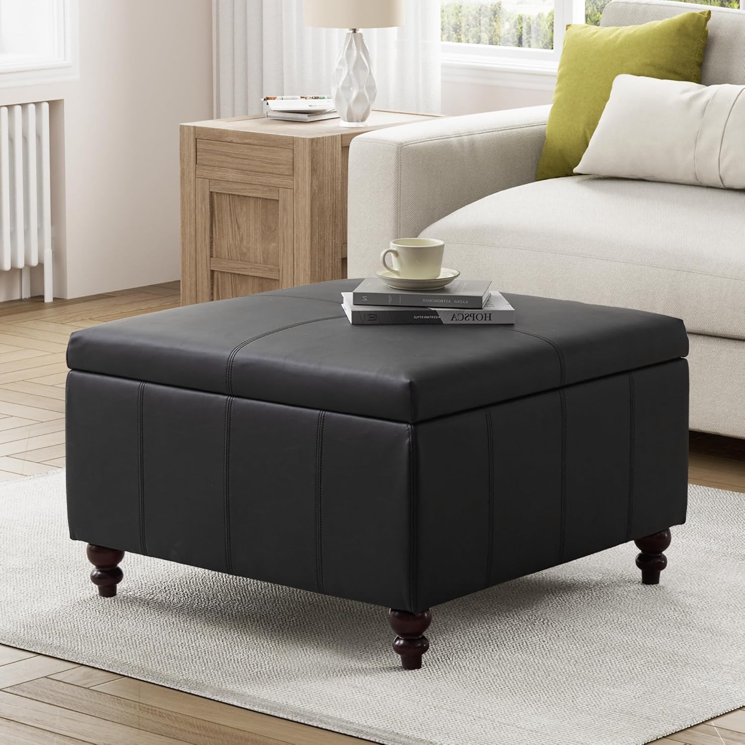 Amazon.com: HUIMO Square Leather Storage Ottoman, Black Tufted Large ...