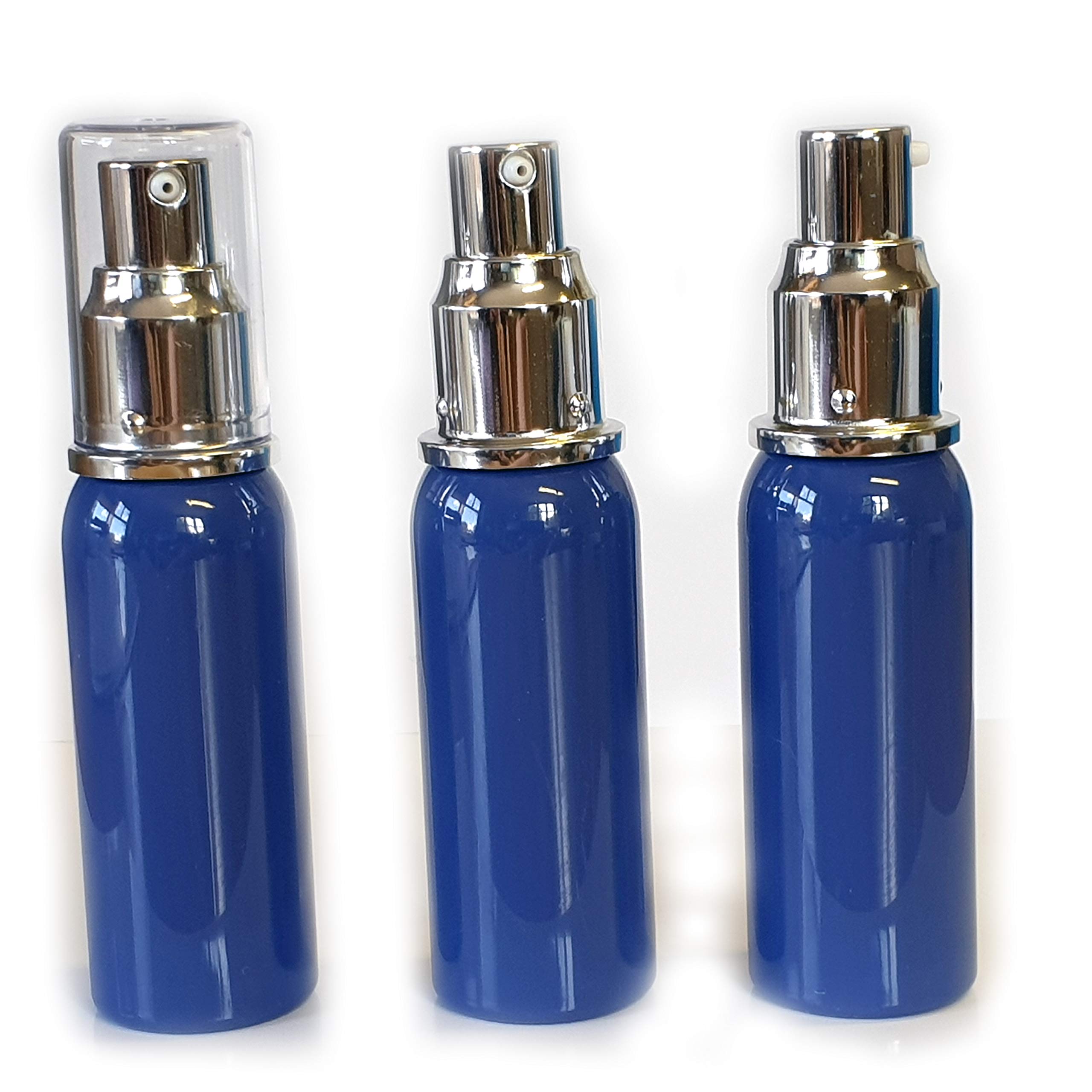 3 x Empty Refillable Small 50ml Blue Bottle with Silver Lotion Pump (Liquid Soap/Hand Gel Dispenser/Handbag Size)