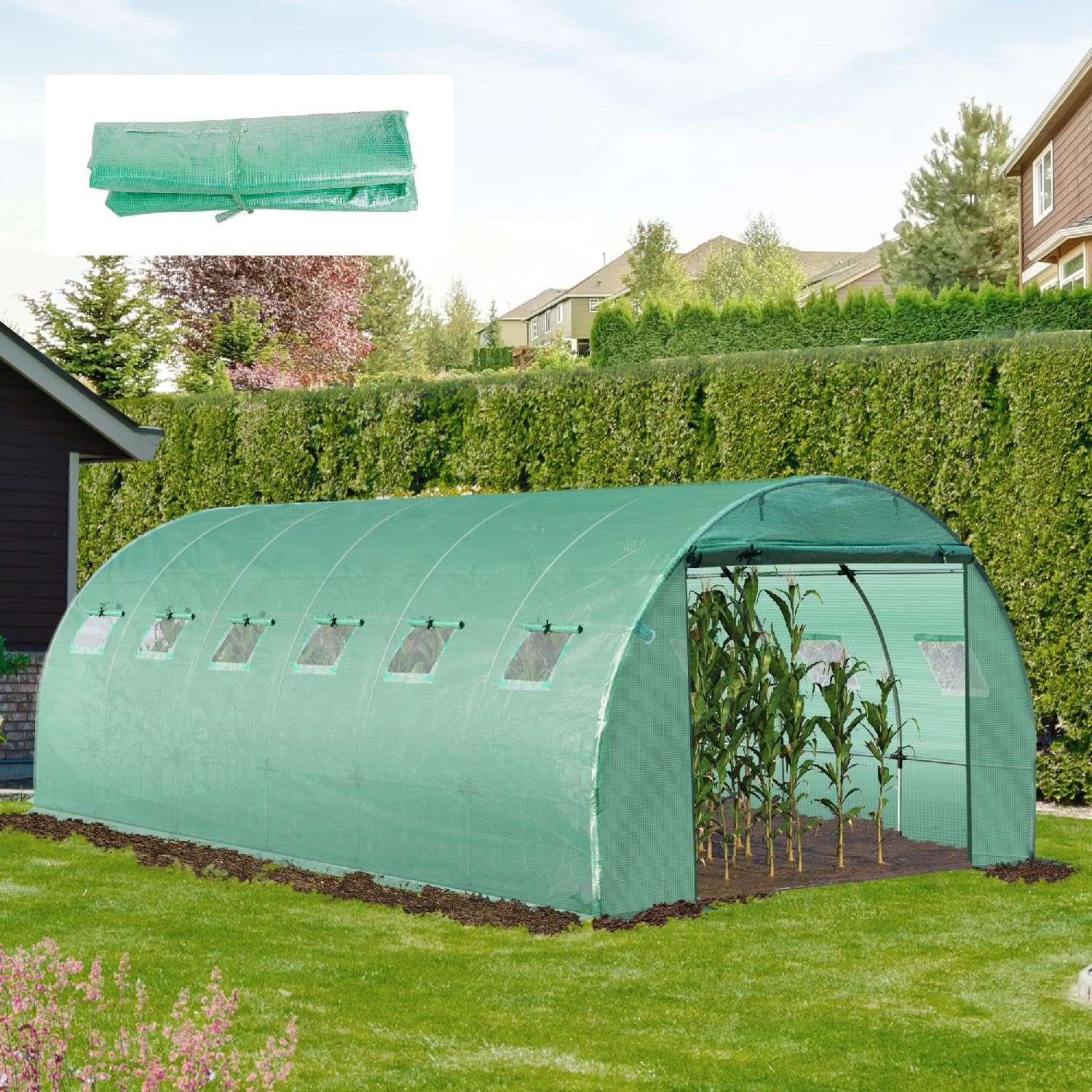 Telo per Serra da Giardino in Pe con 12 Finestre Porta Avvolgibile e Bordi Interrati 6x3x2 m Verde