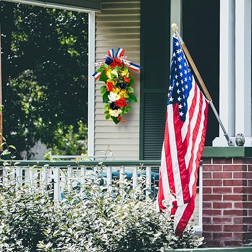 Miniatura 9 de YULETIME Botín decorativo de lágrima de 24 pulgadas, funciona con pilas, guirnalda temática patriótica con luces de hadas, rosas rojas, blancas y