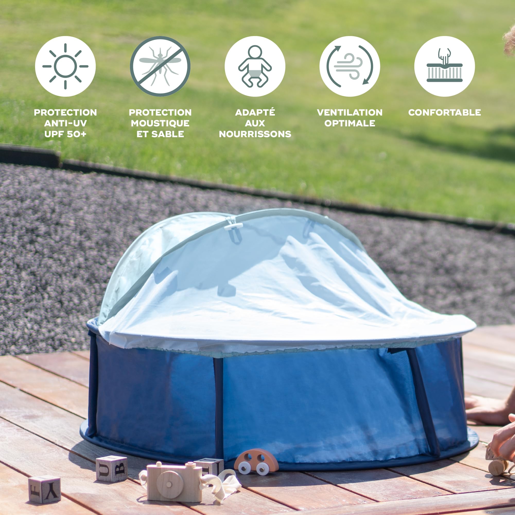 Babymoov Babyni Aire de Jeux Anti-UV FPS 50+, 2en1 Aire de Jeux & Lit d'Appoint, Moustiquaire & Auvent Intégrés, Utilisation Extérieure & Intérieure, Simple à Installer, Marinière