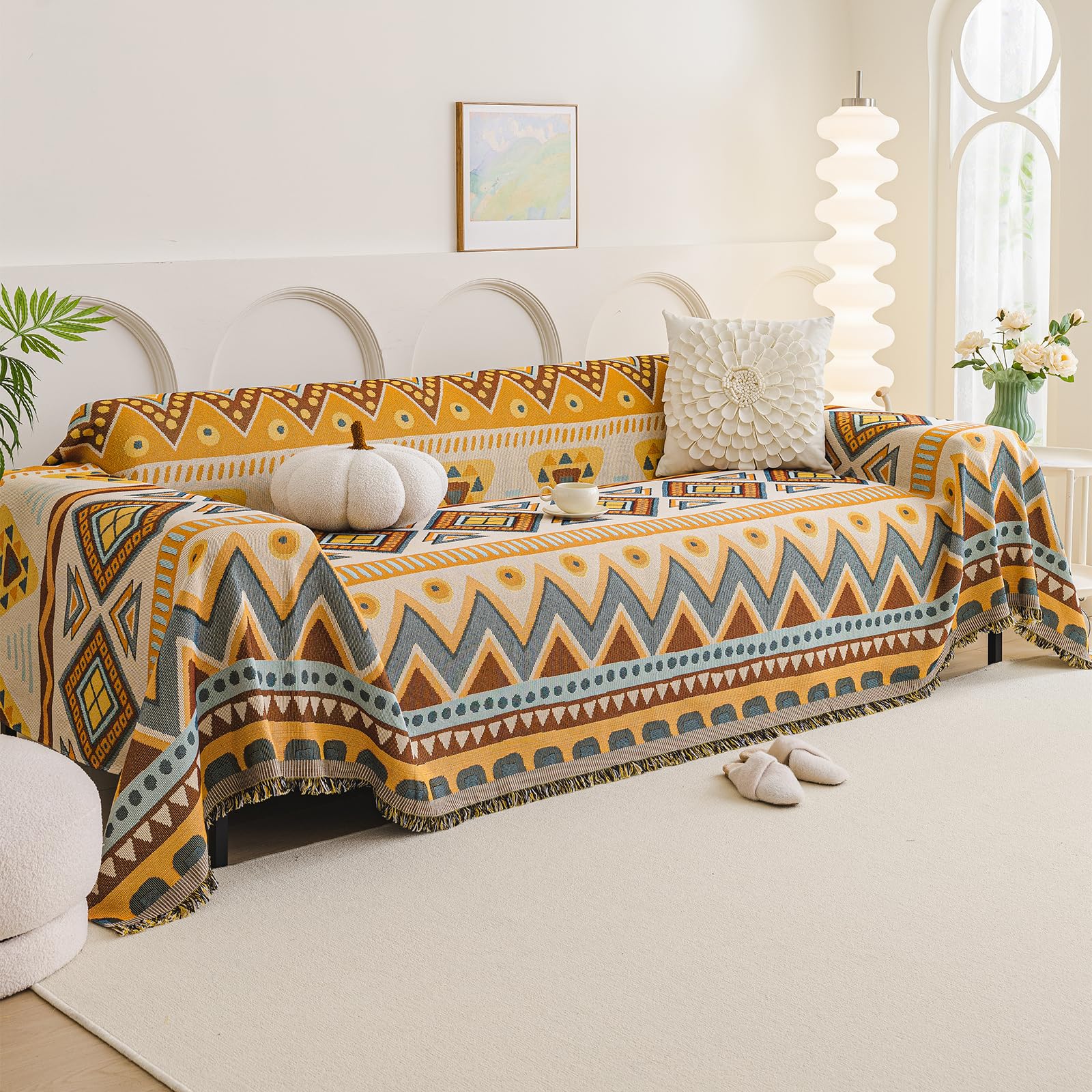 VanderHOME Sofa Throws Large 3 Seater Woven Sofa Throw Blanket with Tassels Breathable Versatile Throws for Sofas Large Throws for Sofa Bed and Armchair 180 * 420cm-Bohemia