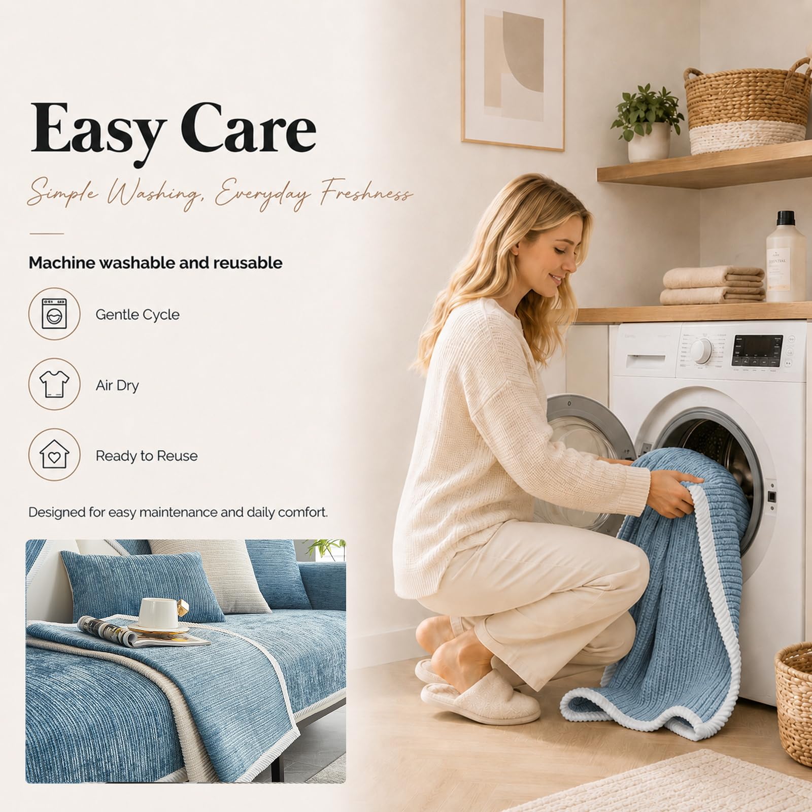 Housse de Canapé en Chenille - Nouvelles Housses Antidérapant pour Canapé 1/2/3 Places en Forme de L, Protection pour Meuble Résistante aux Animaux pour Salon (A-Bleu,110x240cm)