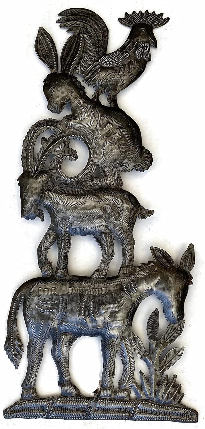 It's Cactus Wall Hanging Animal Plaques, Indoor Outdoor Decor, Handmade in Haiti, Bremen Stacked Animals, 16.5x7in