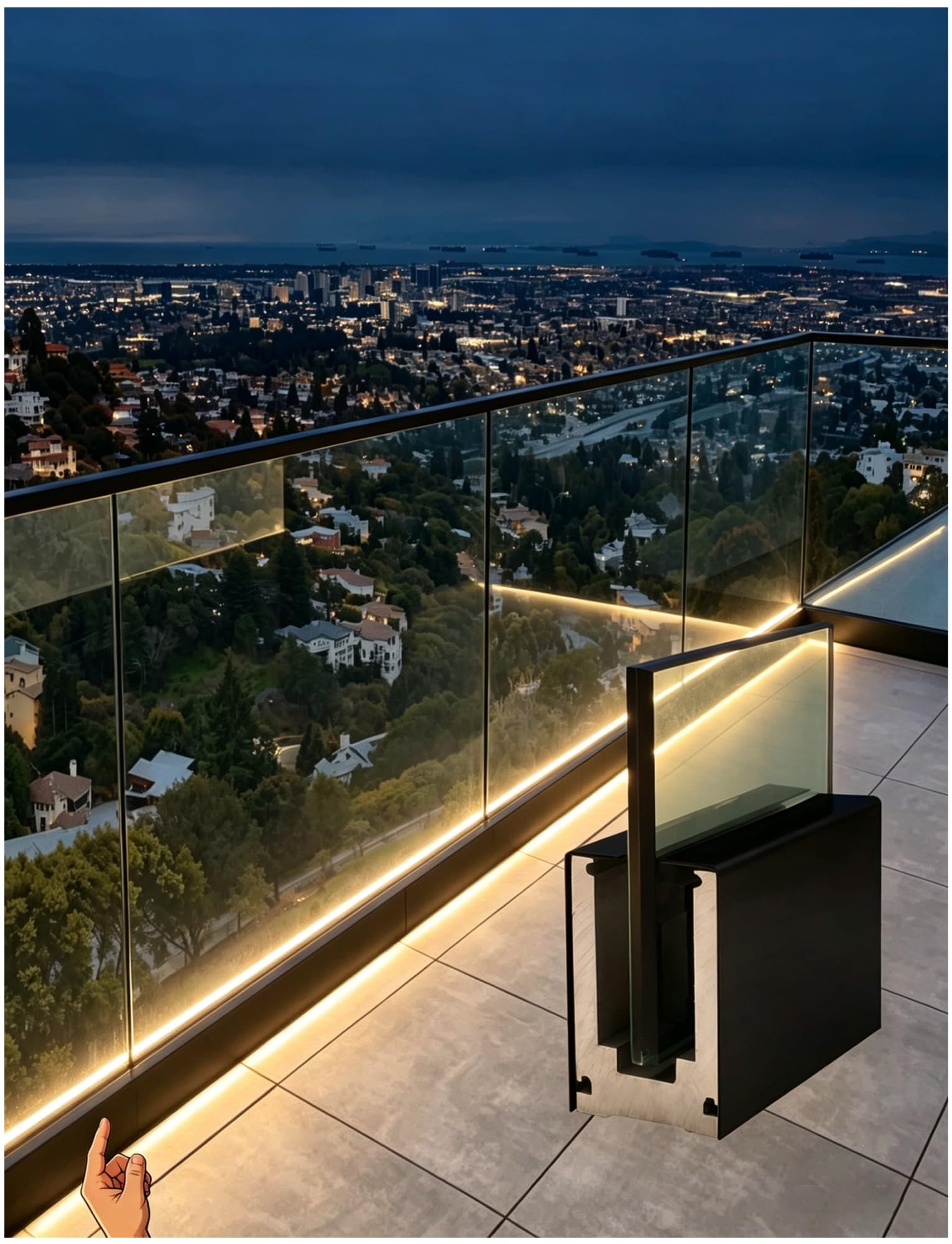 Rahmenlose Glasgeländer-Basisschiene 100,1 cm, gehärtetes Glas, U-Balustraden-Schuh-Passform, mit LED-K und Hardware-Kits, Outdoor-Garten, Terrasse, Pool, Deck