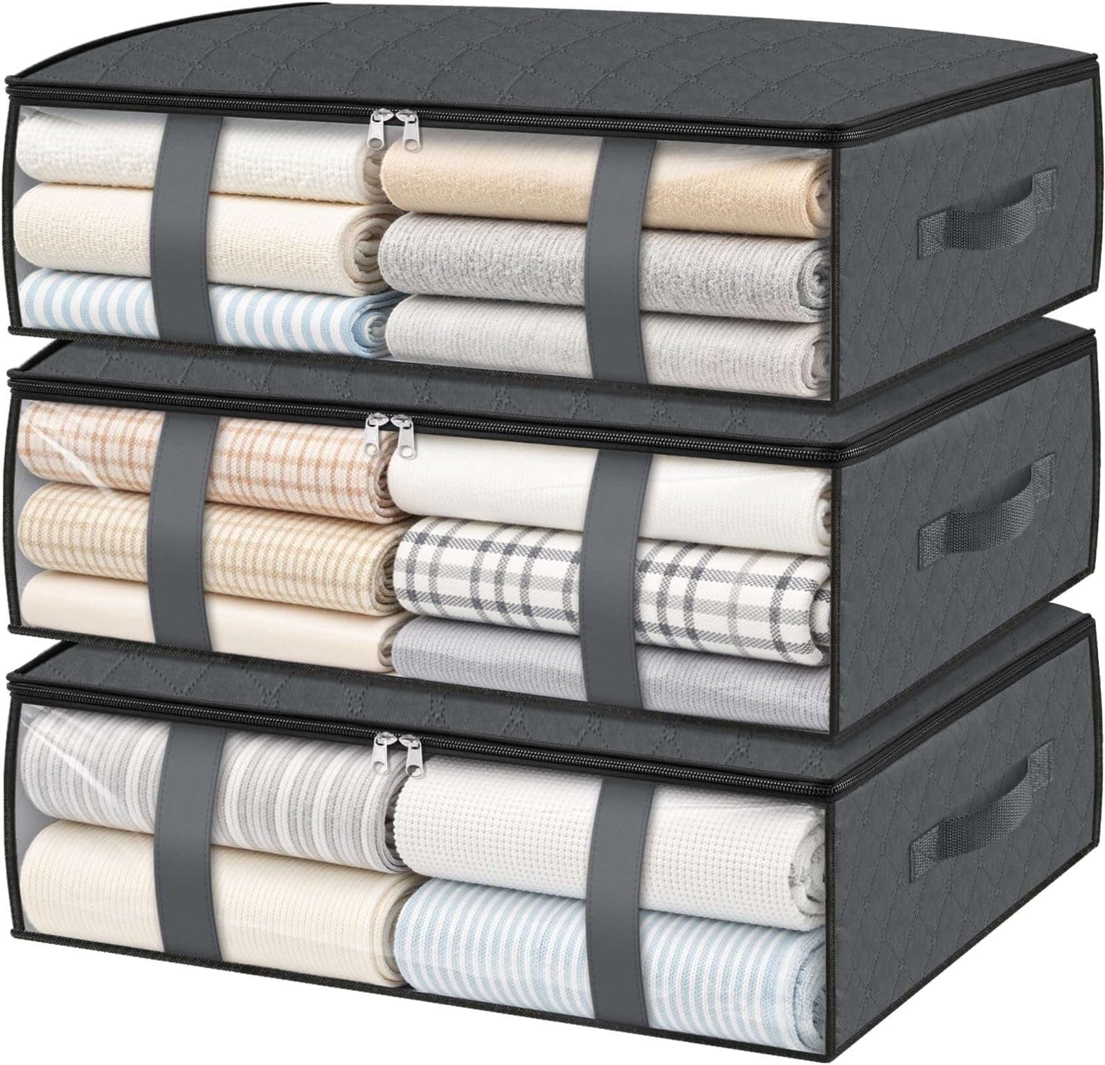 StorageRight Under Bed Storage Bags, 3 Pack, 40L, Gray | Breathable Non-Woven Fabric with a Clear Window and Zippered Top for Clothes, Comforters, Blankets and Seasonal Storage