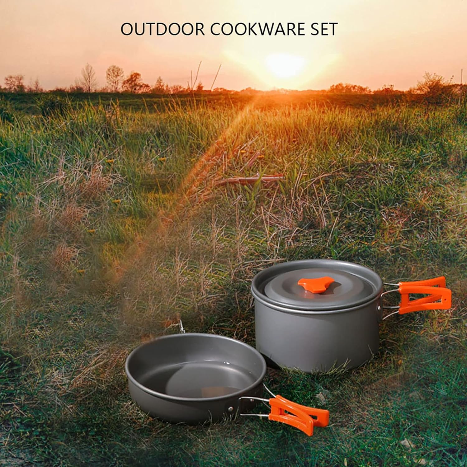 Outdoor Portable Cookware Kit, Camping Cookware Set with Heat - Insulated Handles, Aluminum Alloy Pot Pan Bowl Spoon for Hiking Backpacking Survival Emergency