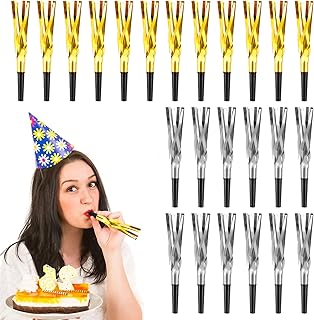 New Years Noise Makers, 24 Pcs Gold and Silver Noise Makers New Year’s Eve Party Supplies, Party Blowers Party Horns Noise Makers NYE Noisemakers for NYE Celebrations (A-Gold Silver)