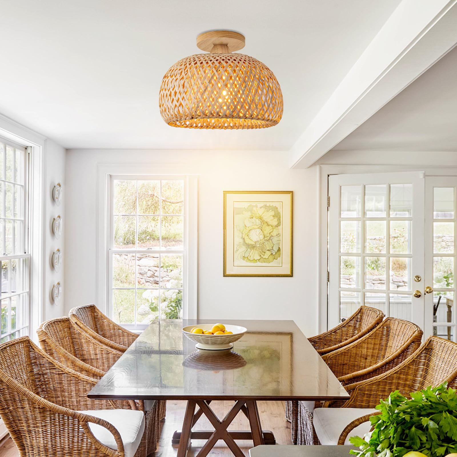 Mikeru 30cm Vintage Handmade Woven Ceiling Light, LED Natural Bamboo Pendant Light