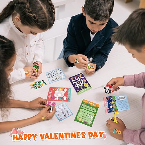 Miniatura 6 de Regalos para el día de San Valentín para niños aulas, paquete de 28 bloques de construcción de animales con tarjetas del día de San Valentín para la