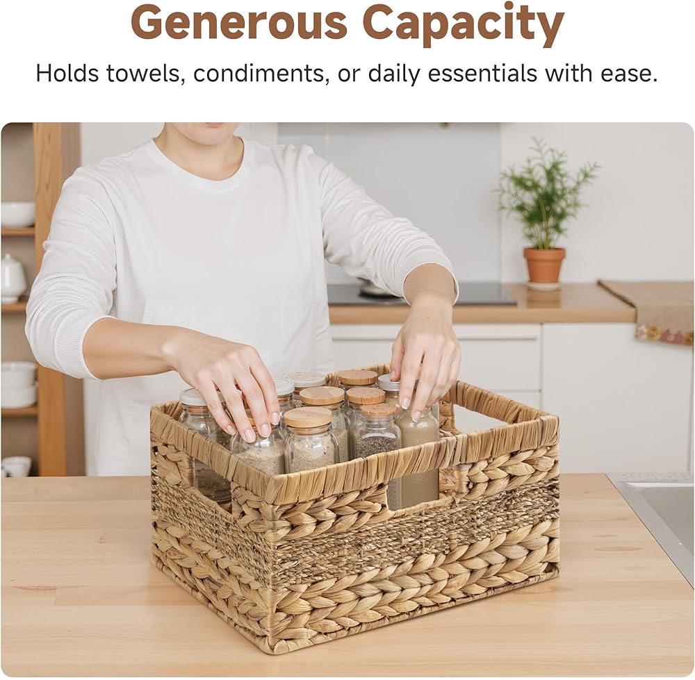 StorageWorks Hand-Woven Jumbo Storage Baskets With Wooden Handles, Seagrass Wicker