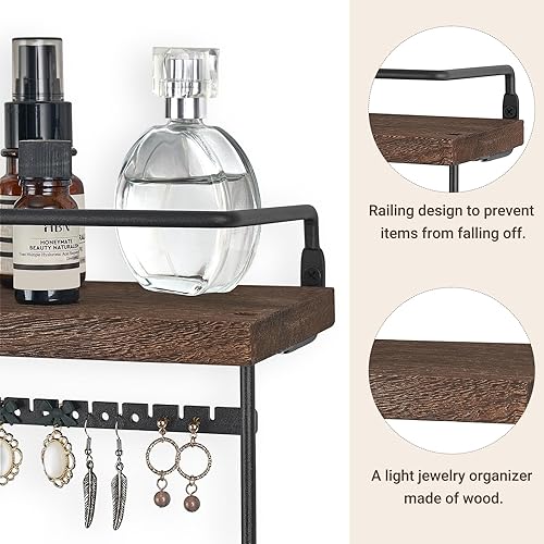 Miniatura 5 de Mkono Organizador de joyas colgante montado en la pared, organizador de joyas con estante de madera rústica, caja de exhibición de anillos, aretes y