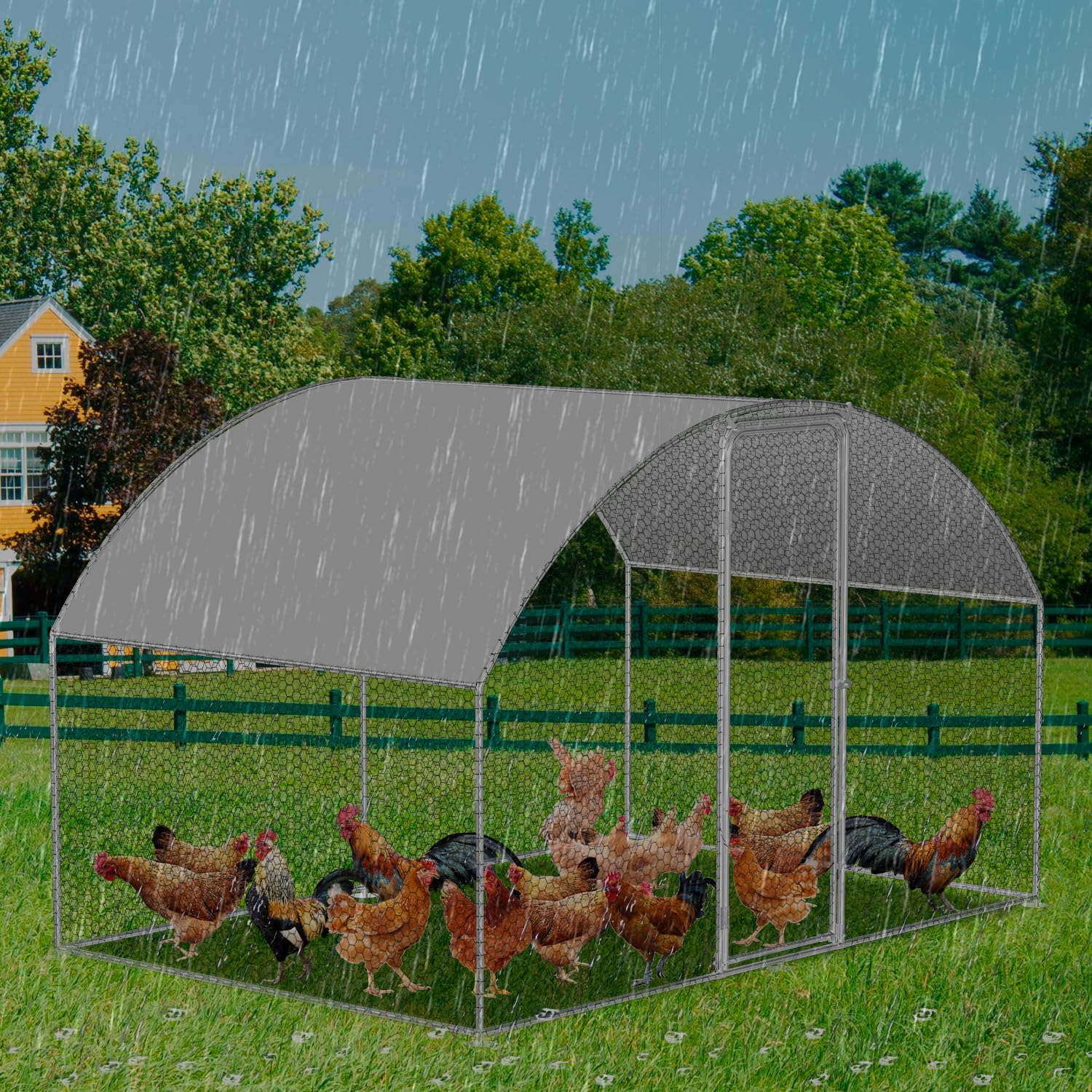 Fiqops Gallinero de 3 x 2 x 2 m, acero galvanizado, gallinero con cerradura y paño impermeable de polietileno, para jaula de pollos, jaula de pájaros, animales pequeños y plantas