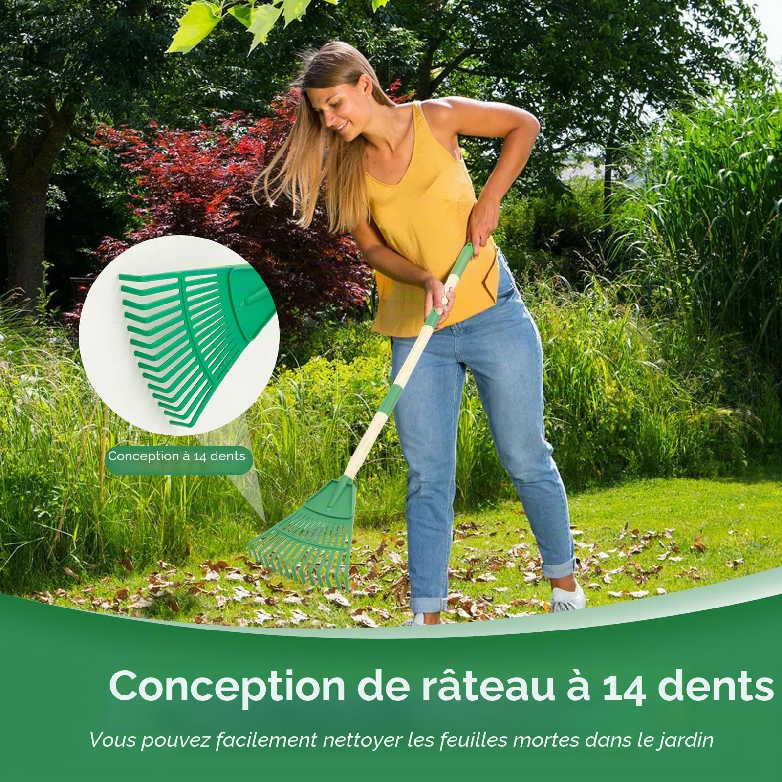 Lot de 2 râteaux à feuilles pour enfants avec 14 dents et manche en bois naturel de 67 cm - Balai à gazon amovible - Longueur totale : 86 cm (jaune et vert)