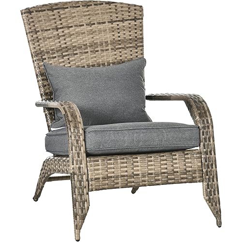 Outsunny Patio Wicker Adirondack Chair, Outdoor All-Weather Rattan Fire Pit Chair w/Soft Cushions, Tall Curved Backrest and Comfortable Armrests for Deck or Garden, Charcoal Gray