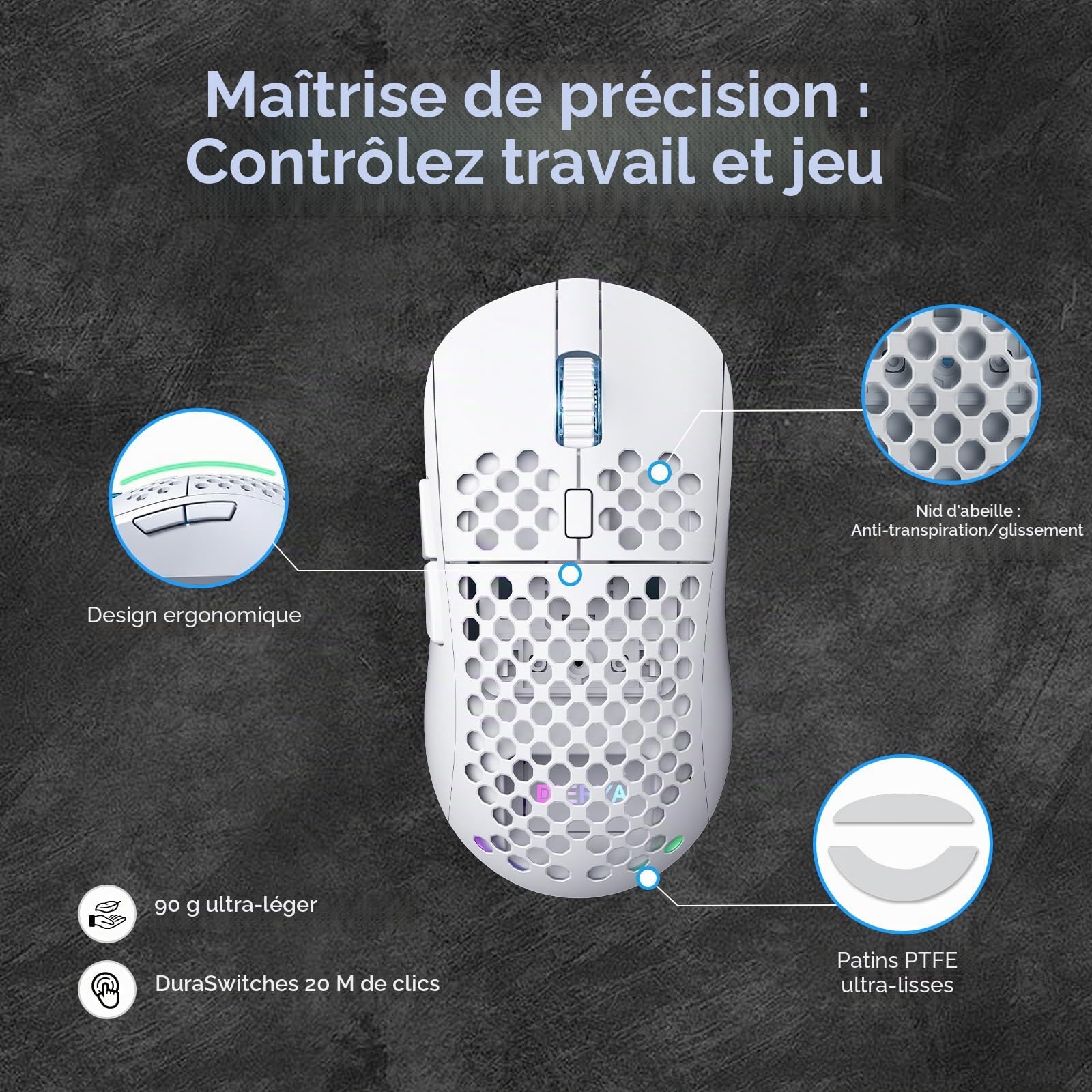 Dierya x TMKB M1 Souris de Jeu sans Fil, Capteur Optique 24 000 DPI, Léger 90g, 6 Boutons Programmables, Éclairage RGB, Autonomie 180H, 2.4GHz/Bluetooth/USB-C Souris Gamer, Blanc