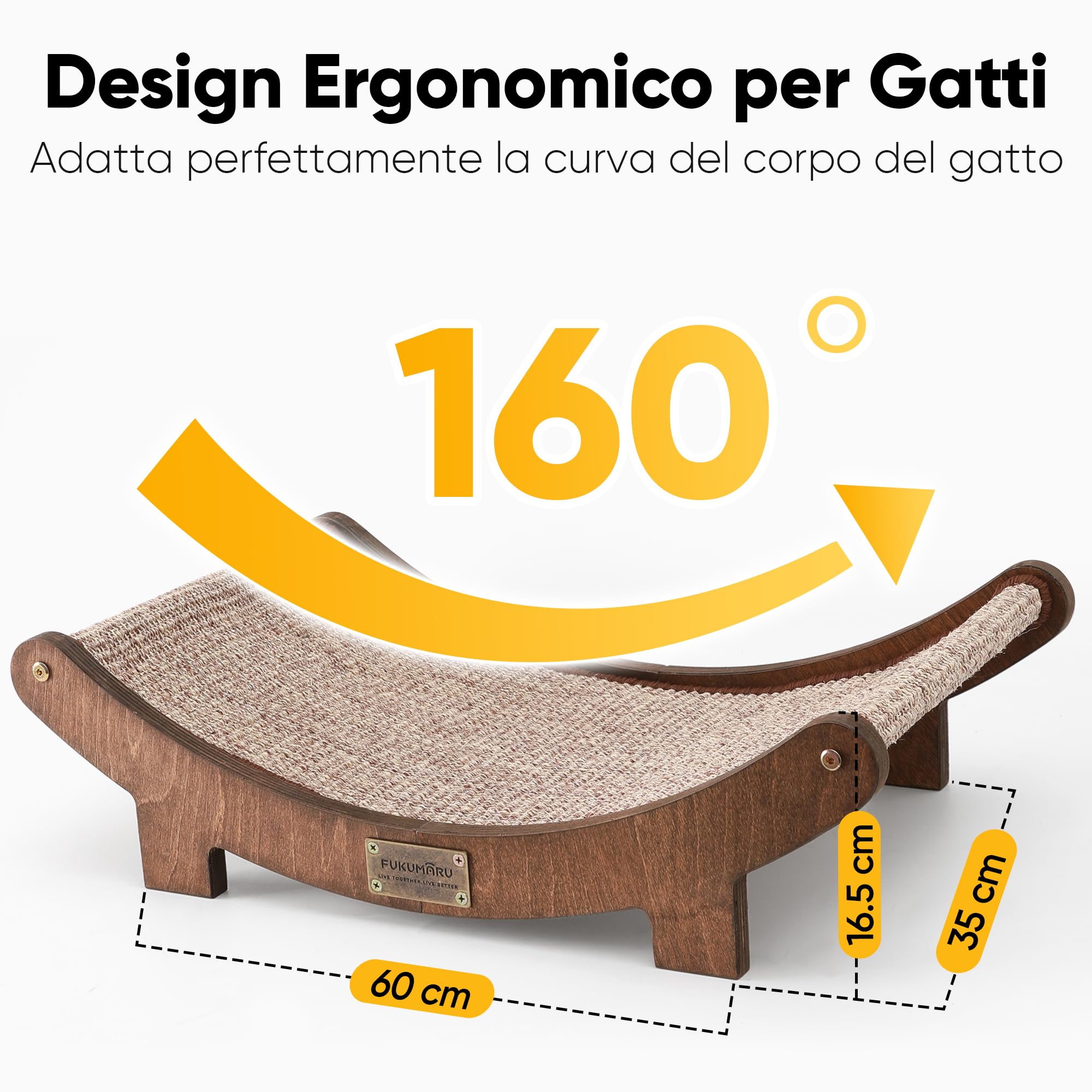 FUKUMARU Cuccia Tiragraffi in Sisal per Gatti, 60cm Letto Tiragraffi Resistente per Gatti da Interno, Amaca in Sisal Naturale 100%, Struttura in Legno Massello per Dormire e Farsi le Unghie (Noce)