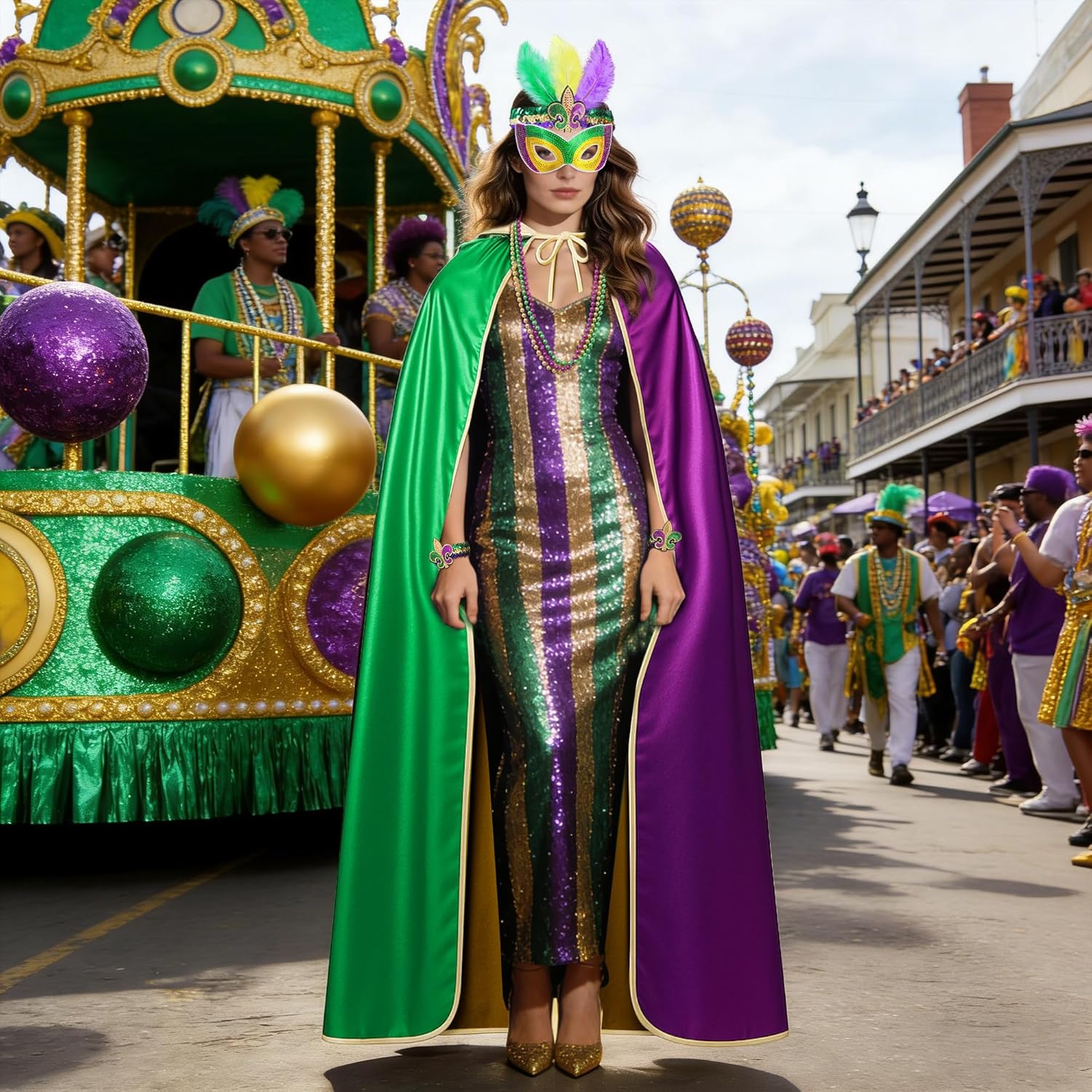 Wehhbtye 8 Pcs Mardi Gras Cape Costume Set, Mardi Gras Cloak Outfit Accessories Include Feather Headband Sequin Bracelets Eye Mask Bead Necklaces for Carnival Parade Dress up Cosplay Party Favor - Image 5