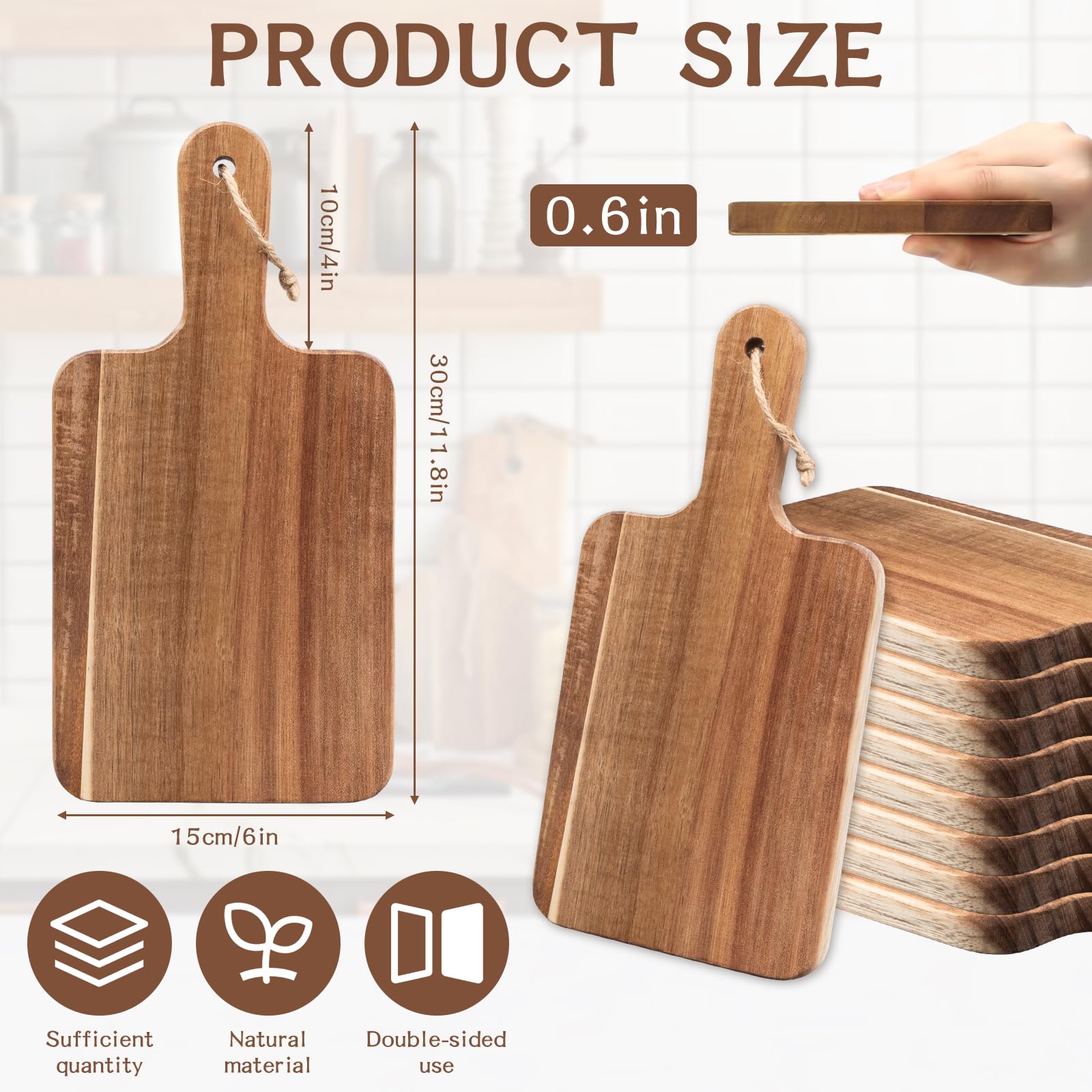 10 Stück Schneidebretter aus Akazienholz mit Griff und Seil, 30 × 15 cm Servierbretter im Set Holzbrett zum Schneiden und Servieren von Gemüse Fleisch Käse Pizza Obst Brot