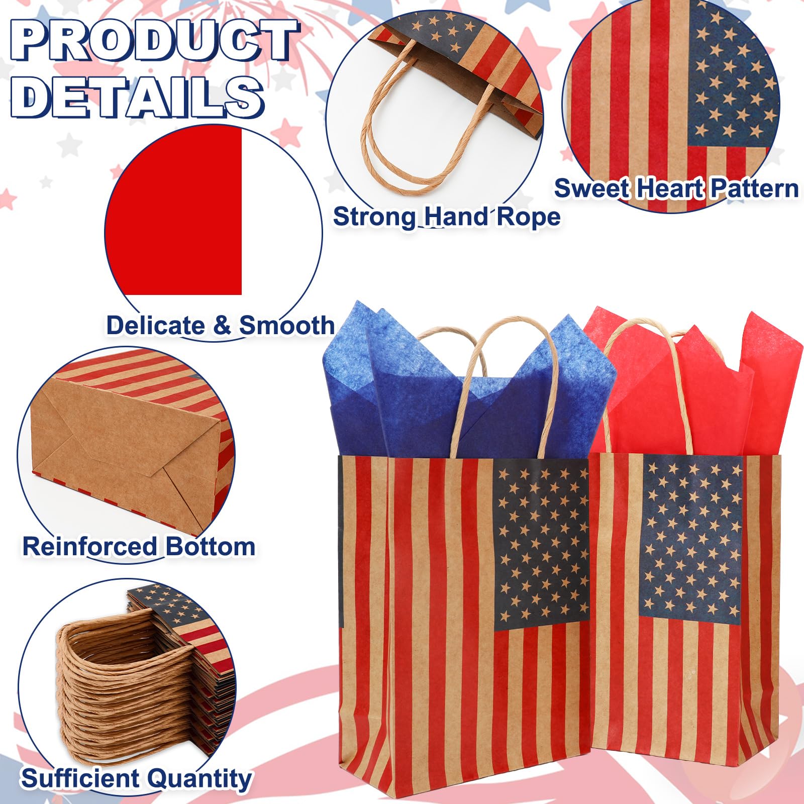 JarThenaAMCS 24 Pcs Patriotic Paper Gift Bags with Tissue Paper Star Gift Tag Rope 4th of July American Flag Kraft Goodie Treat Bag with Handles for Independence Day 250th Anniversary Memorial Day