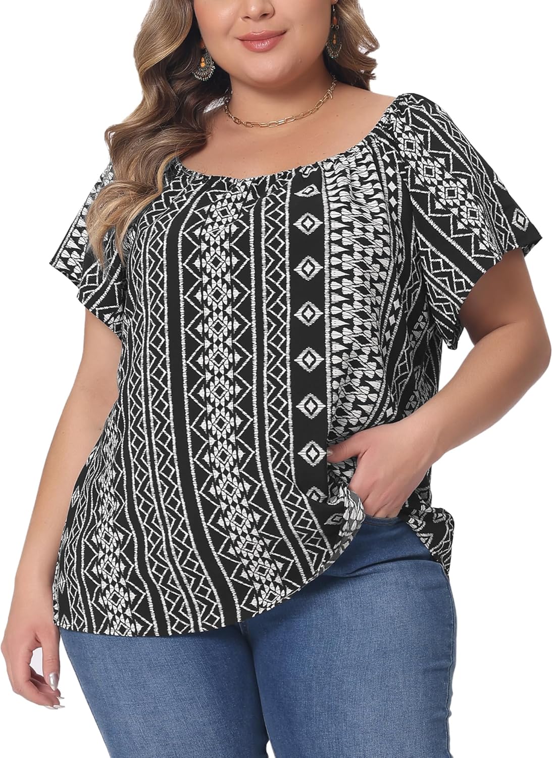 Agnes Orinda Plus Size Summer Boho Shirt Top for Women Off Shoulder Short Sleeve T-Shirts Casual Blouses Tops - Image 2