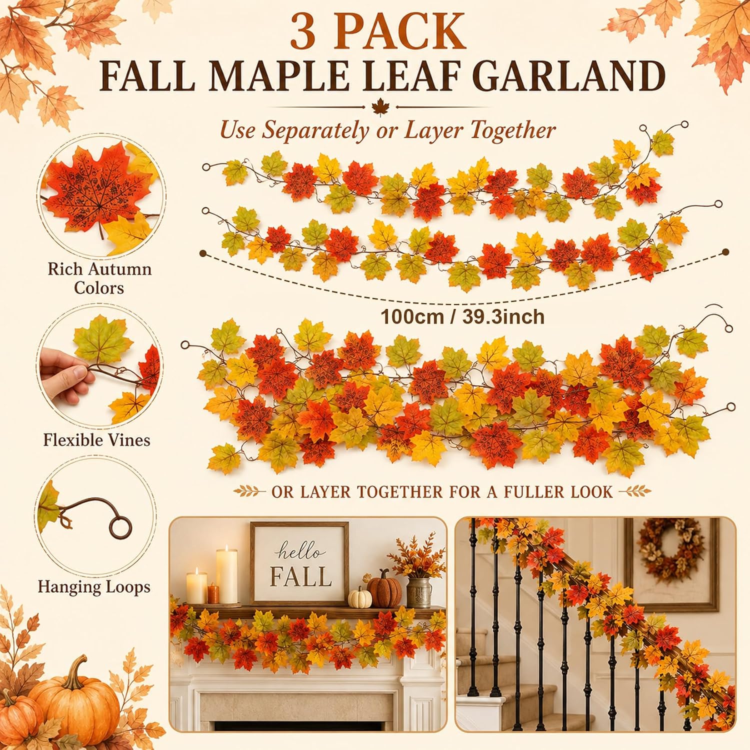 RAINFLOW Fall Garland for Mantle - Maple Leaf Garland 3PCS Each 3.27FT