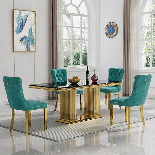 Miniatura 15 de Juego de mesa de comedor de 7 piezas, color blanco y plateado, mesa de cocina moderna de mármol sintético de 68 pulgadas con 6 sillas tapizadas Mesa