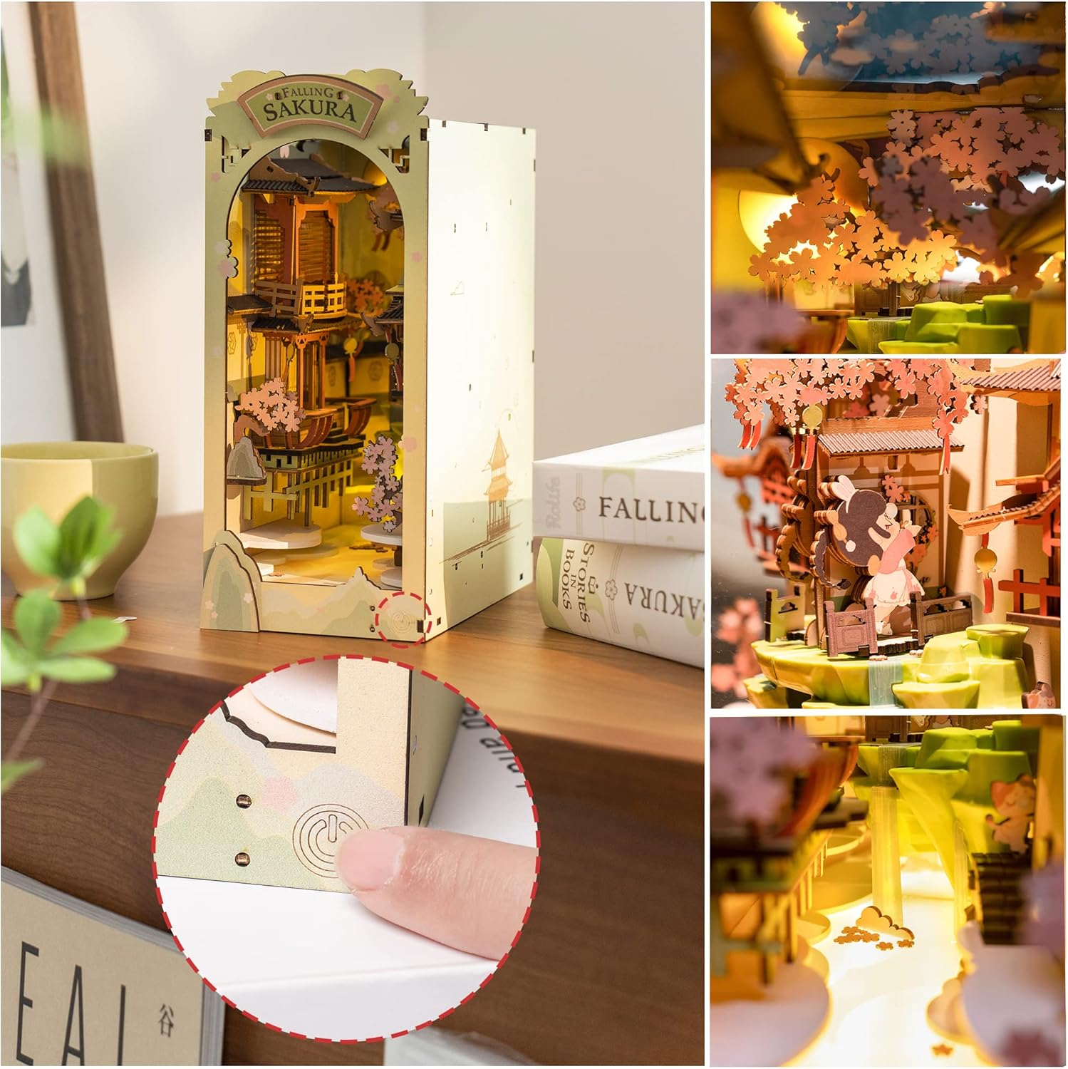 Rolife DIY Book Nook Kit 3D Wooden Puzzle 9" Bookshelf Insert Decor Bookends with LED Wooden Bookend Miniature Kit Crafts Hobbies Gifts for Adults (Falling Sakura)