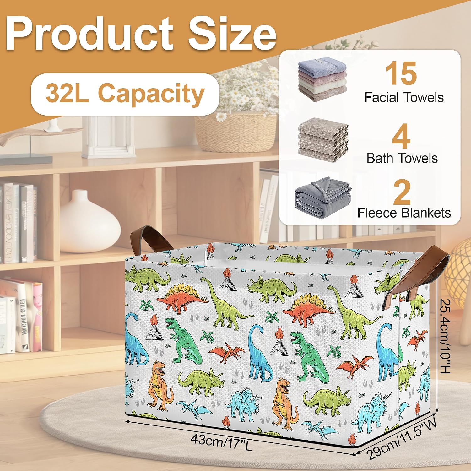 Storage Bins with Handles, Foldable Oxford Fabric Storage Basket, Cute Dino Sturdy Frame Organizer for Closet Shelves Bedroom Laundry Room Toy Storage