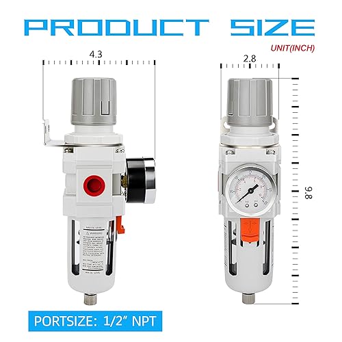 Miniatura 3 de NANPU Regulador de Filtro de Aire Comprimido Combo Piggyback NPT de 12", Elemento de Latón de 5 Micrones, Tazón de Polímero, Drenaje