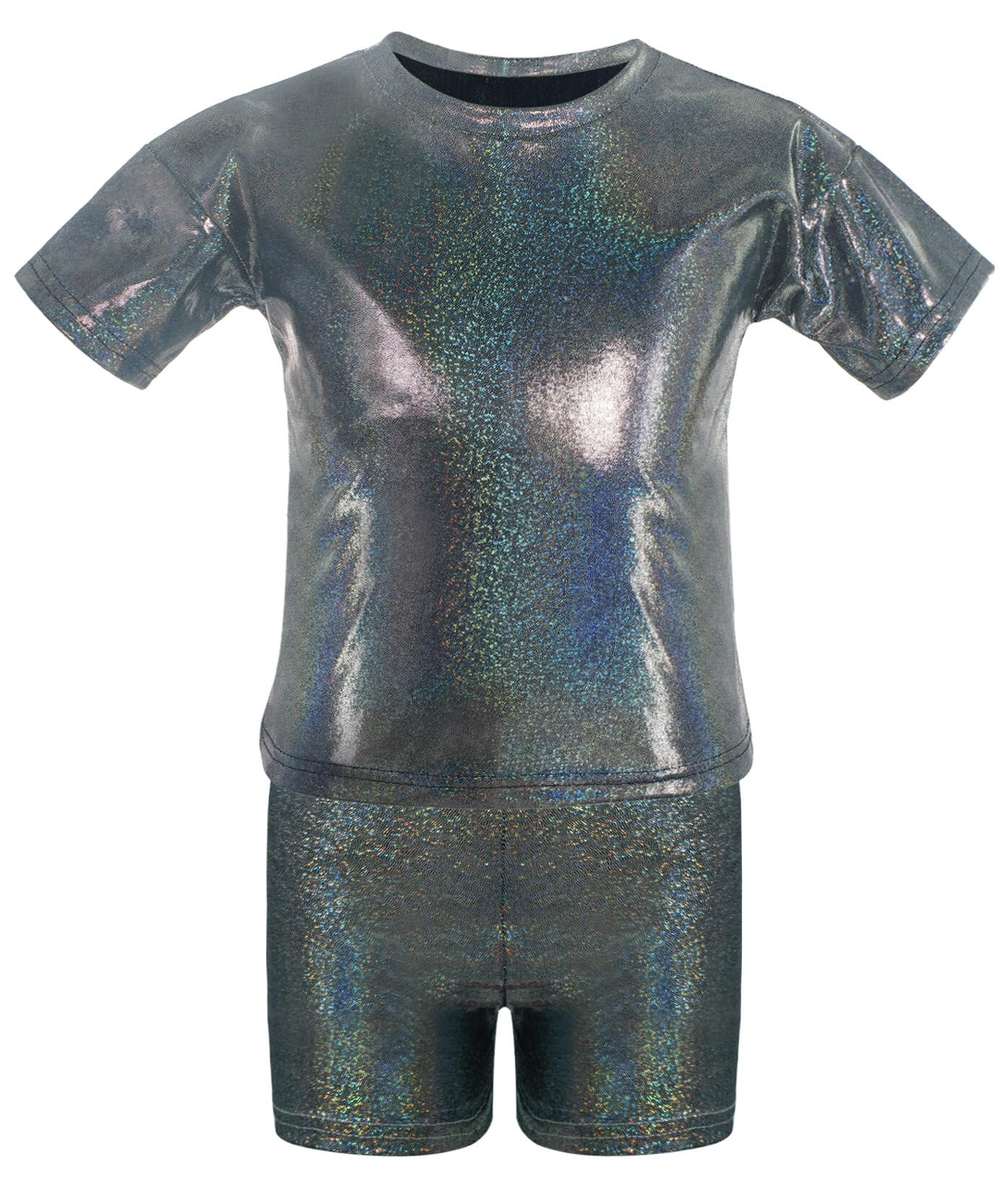 SEAUR Kids Girls Boys Metallic Shirt with Shiny Shorts Hip Hop Tops Sparkly T Shirts Modern Jazz Dance Party Performance Costume Black 8-9Y