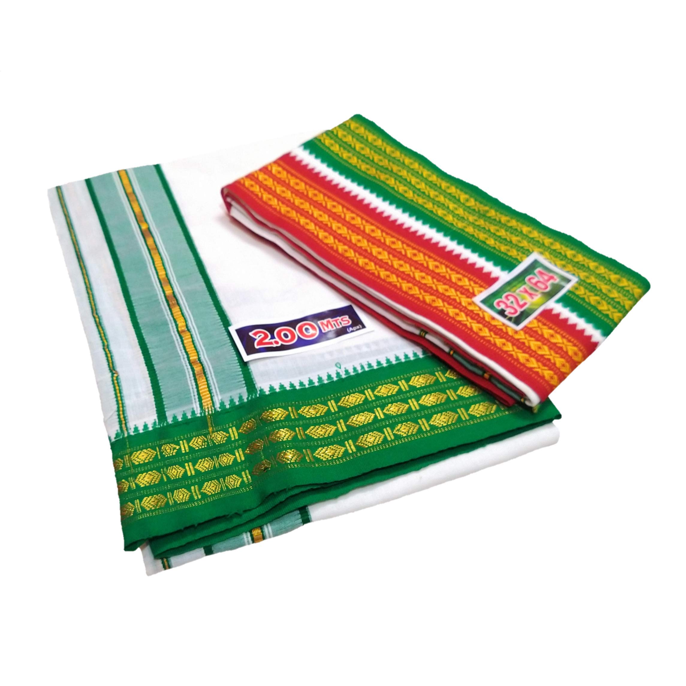 MPS Men's Cotton Cool Green, Red Border 2.00 m Dhoti + Angavastram Set (White, Free Size)