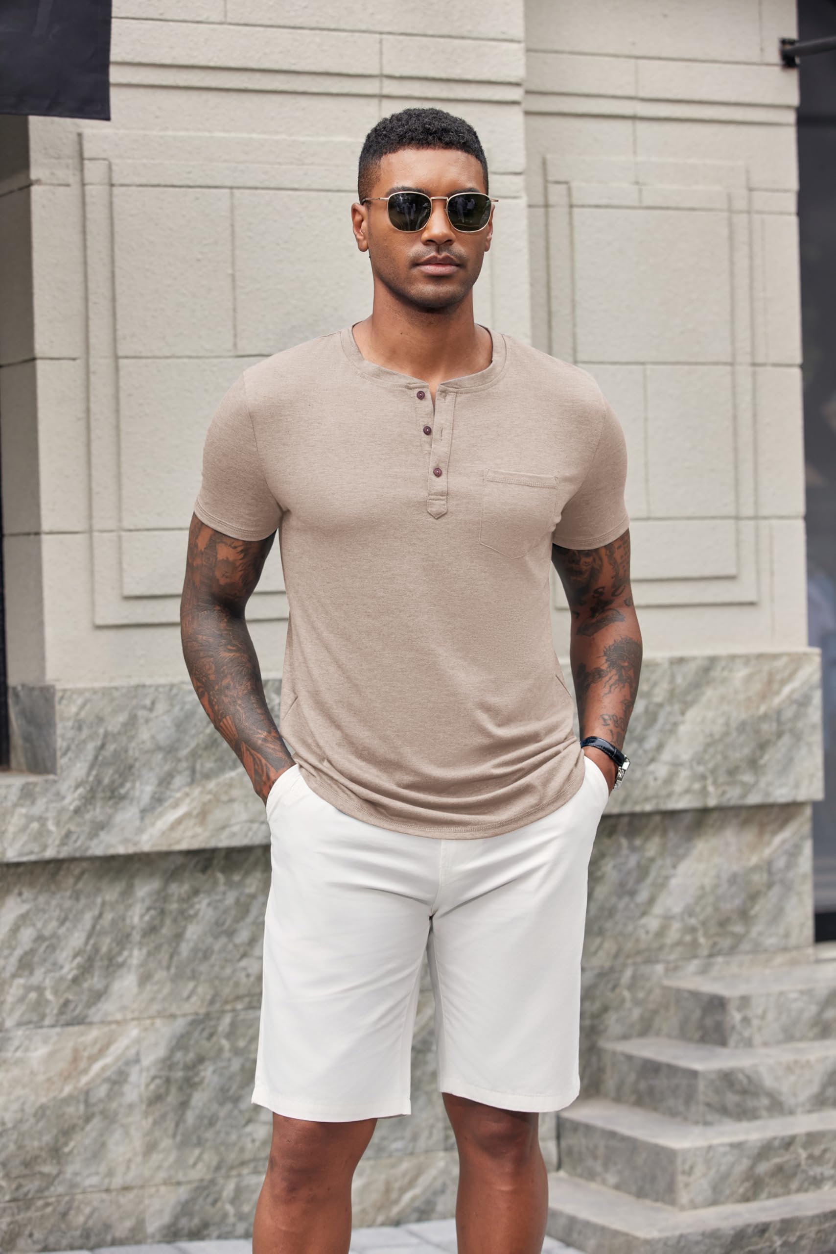 COOFANDY Camicia da uomo casual Henley a maniche corte con tasca T-shirt leggera con bottoni Henley Pullover Basic Tees