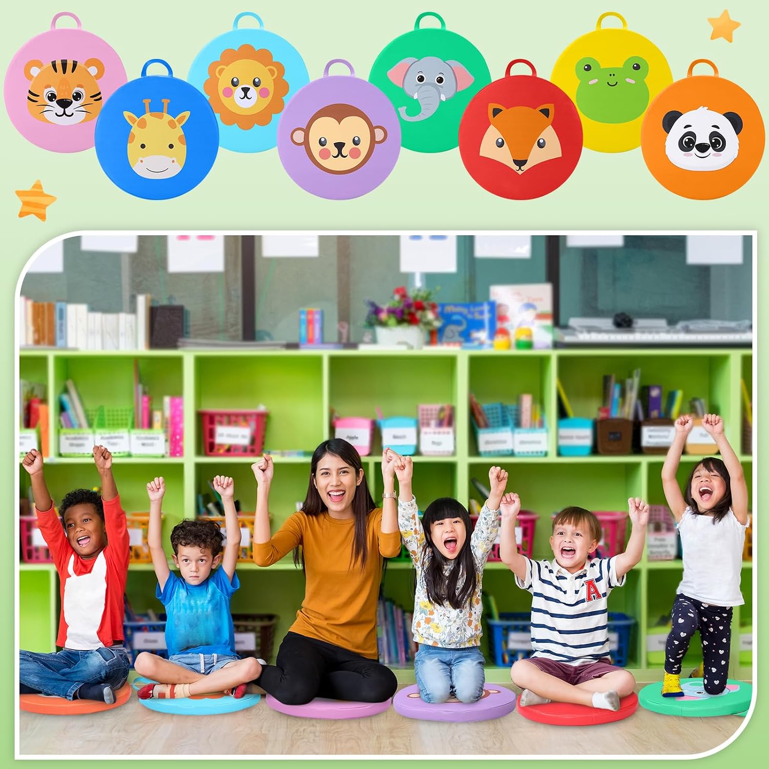 8 Pcs 15 Inch Extra Thick Round Kids Floor Cushions Colored PU Leather Floor Pillow with Handle Flexible Seating for School Daycare Nursery Kindergarten Classroom Home Supplies