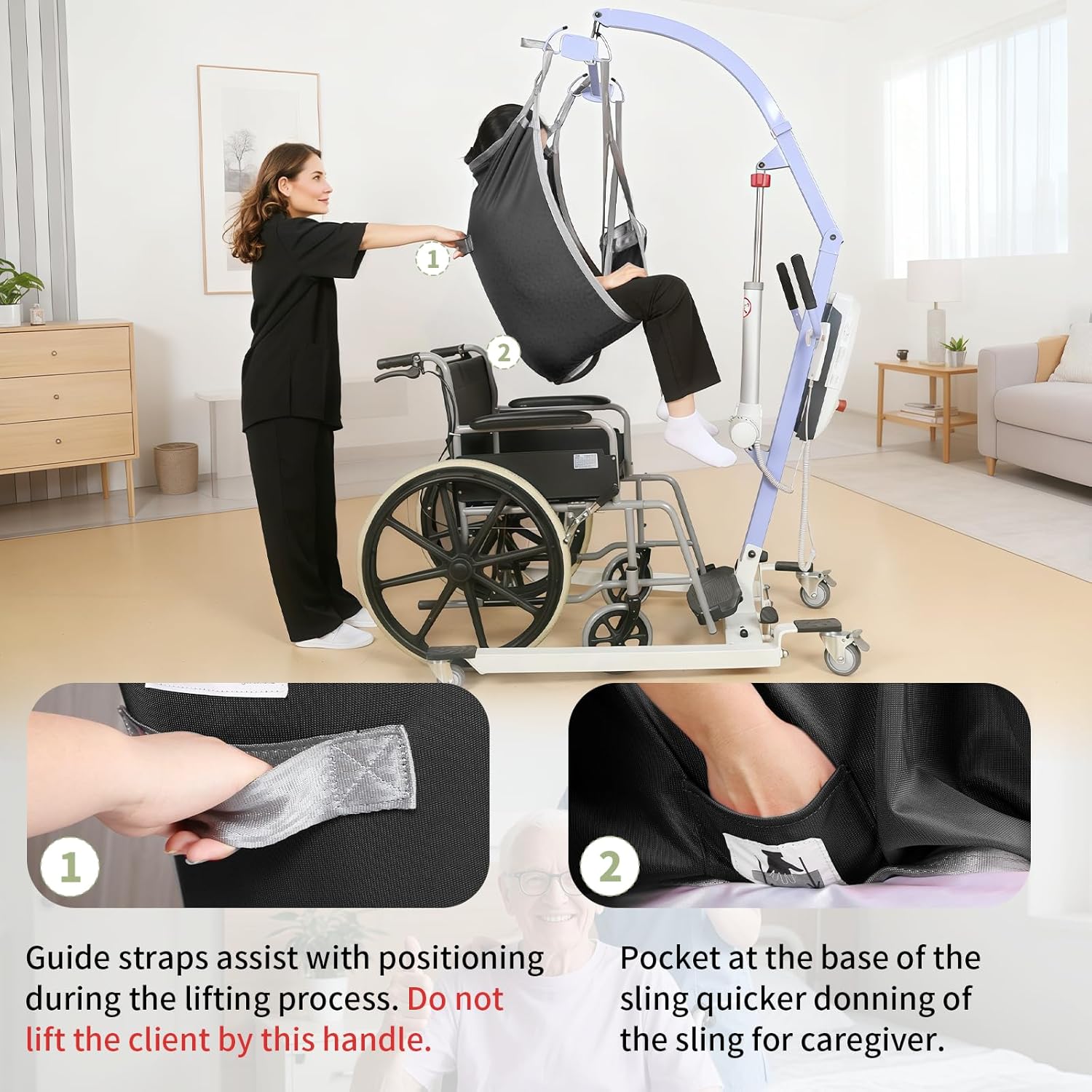 Patient Lift Divided Leg Sling – Heavy Duty 500 lbs Capacity, Easy Hygiene Access with Handles & Pocket, Machine Washable – Small/Medium/Large for Elderly, Disabled & Bariatric Care (Black, M)