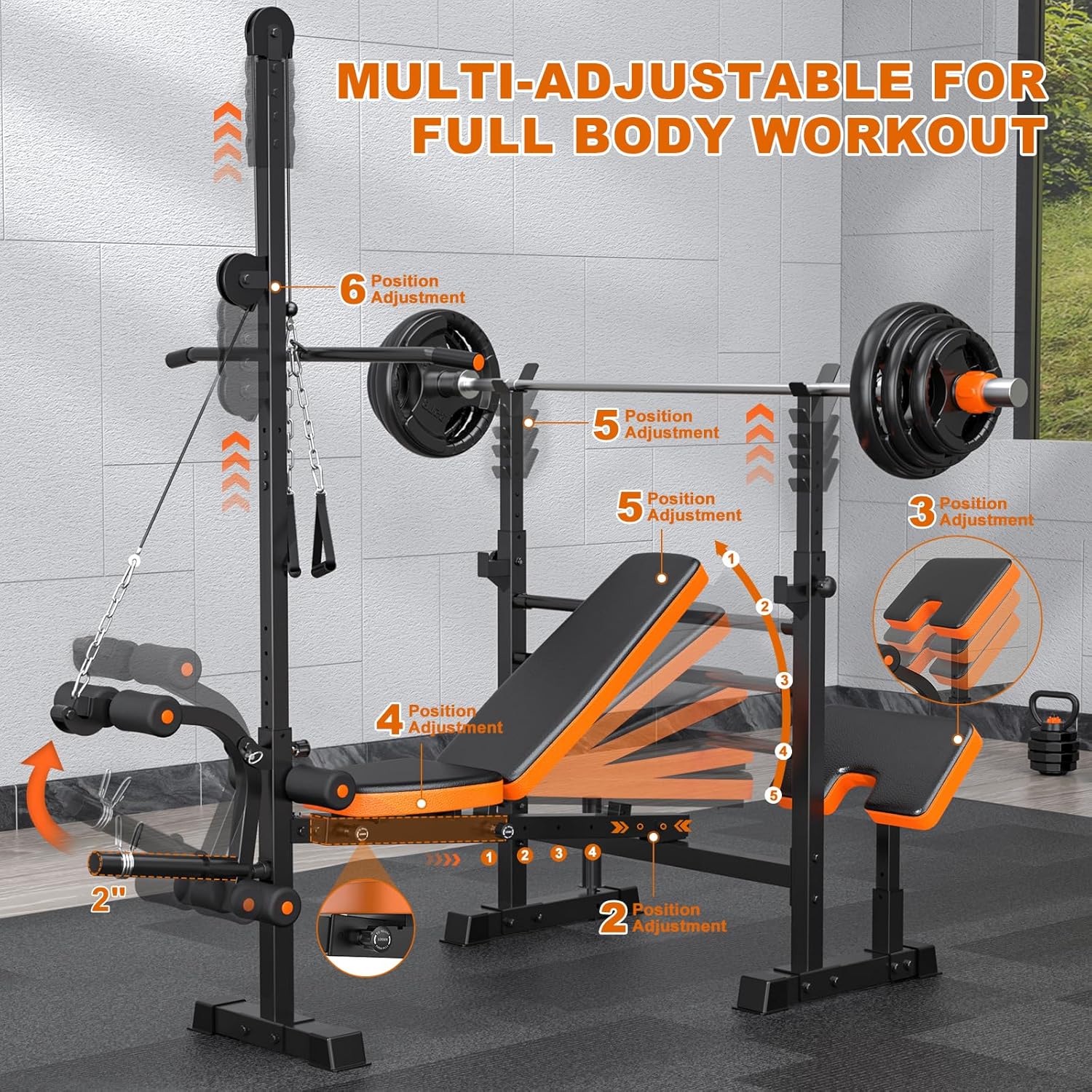 800lbs 10-in-1 Multi-Function Adjustable Weight Bench Press Set with Lat Pull Down,Full Body Strength Training Workout Bench Exercise Equipment with Leg Developer, Preacher Curl
