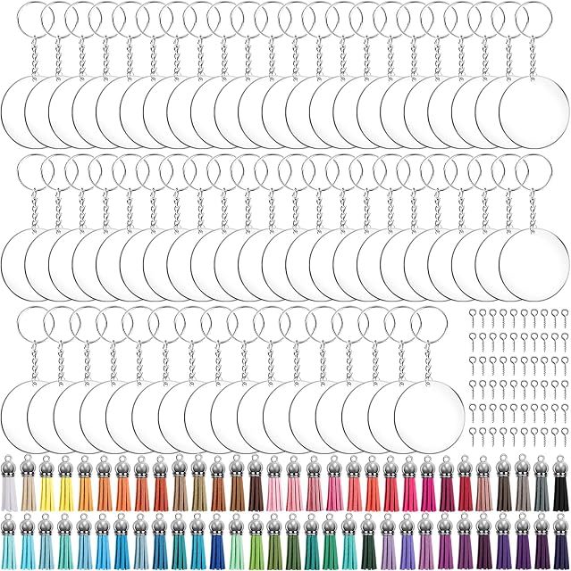 Duufin 250 Pcs Acrylic Keychain Blanks Keyring Tassels Set Including 50 Pcs Acrylic Circle Disc 50 Pcs Key Rings with Chain 50 Pcs Jump Rings 50 Pcs Tassels and 50 Pcs Screw Eye Pins for DIY Keychain