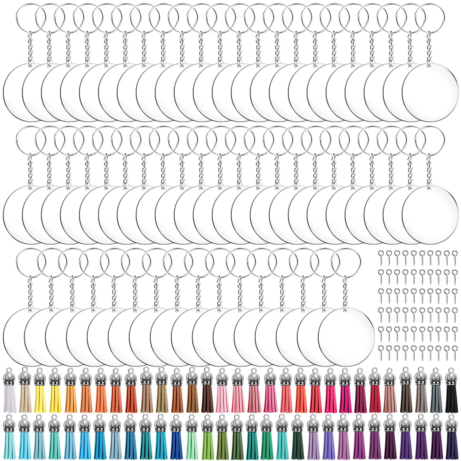 Duufin Acrylic Keychain Blanks Keyring Tassels Set Including Acrylic Circle Disc Key Rings with Chain Jump Rings Tassels and Screw Eye Pins for DIY Keychain