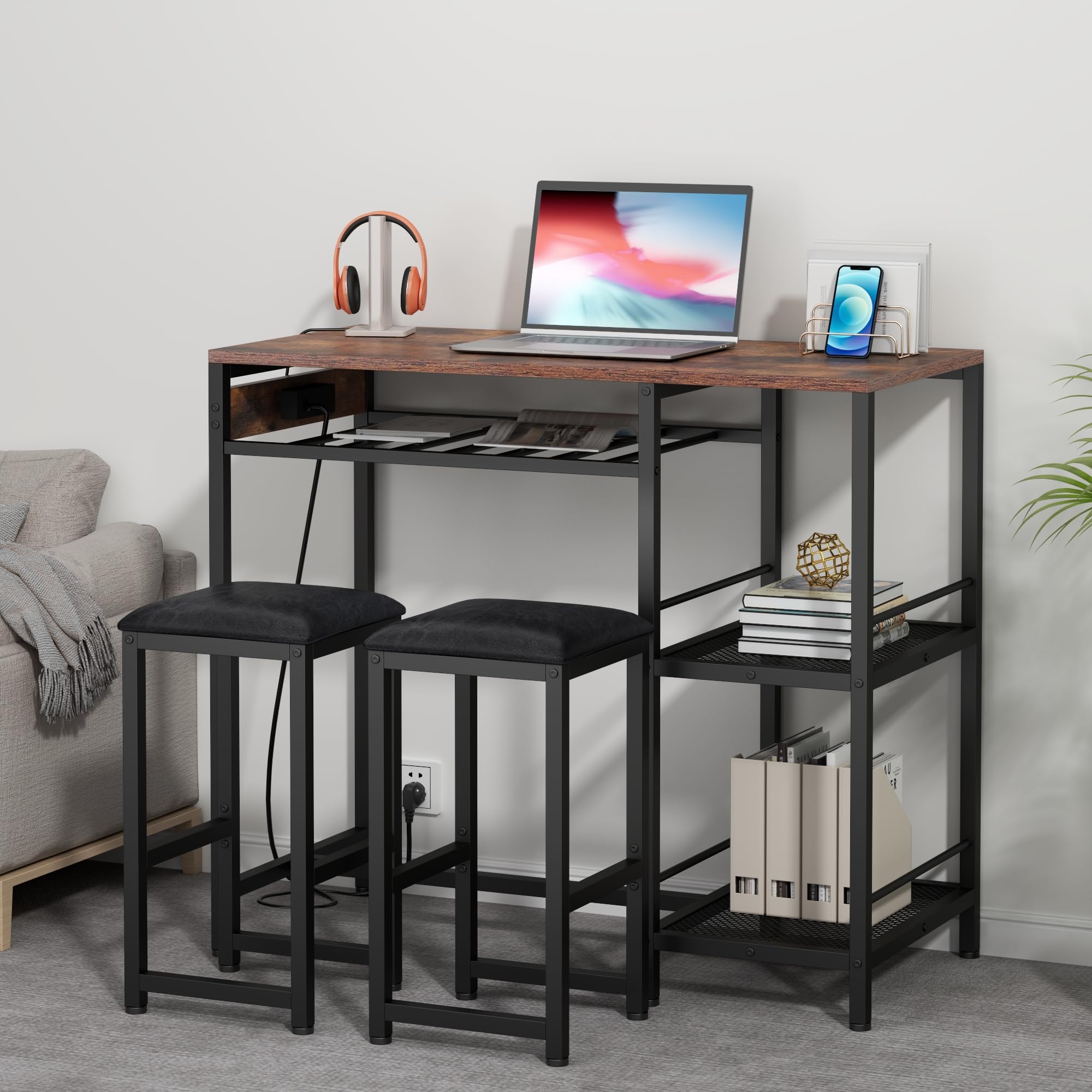 Gyfimoie Bartisch mit Barhocker Set, Stehtisch mit 2 Barhockern und Ladestation, Esstisch Set mit 2 Seitenregalen, Stahlgestell, Industrie-Design, Küchentisch für Esszimmer, Küche, Wohnzimmer