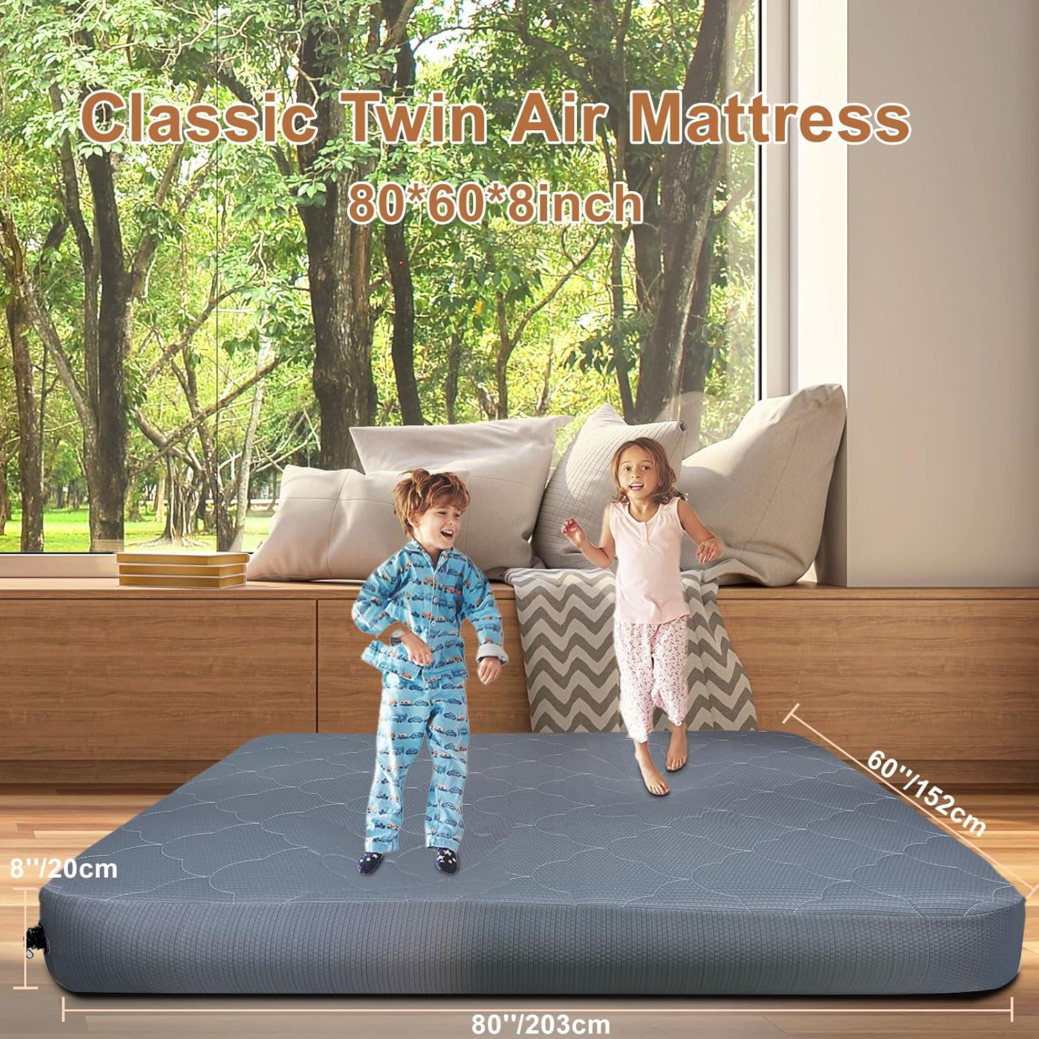 Luxury Portable Air Mattress 8" High Double Airbed with Pump Comfortable Brushed Inflatable Mattress with White Cover Holds up to 400 lbs Inflatable Bed for Home, Guests and Travel（Grey）