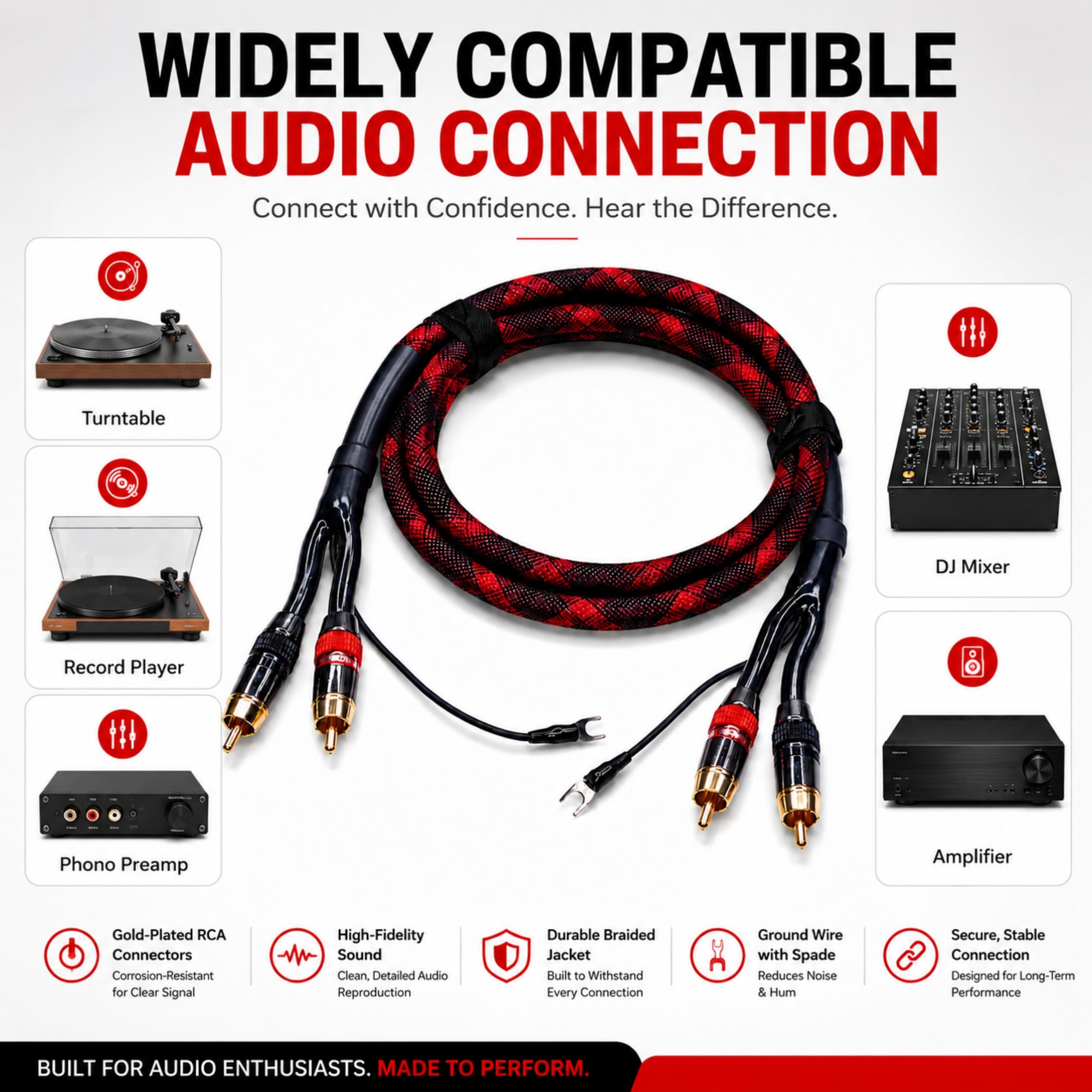 Cavo RCA Phono OFC, cavo di messa a terra, placcato oro, 9 m, per